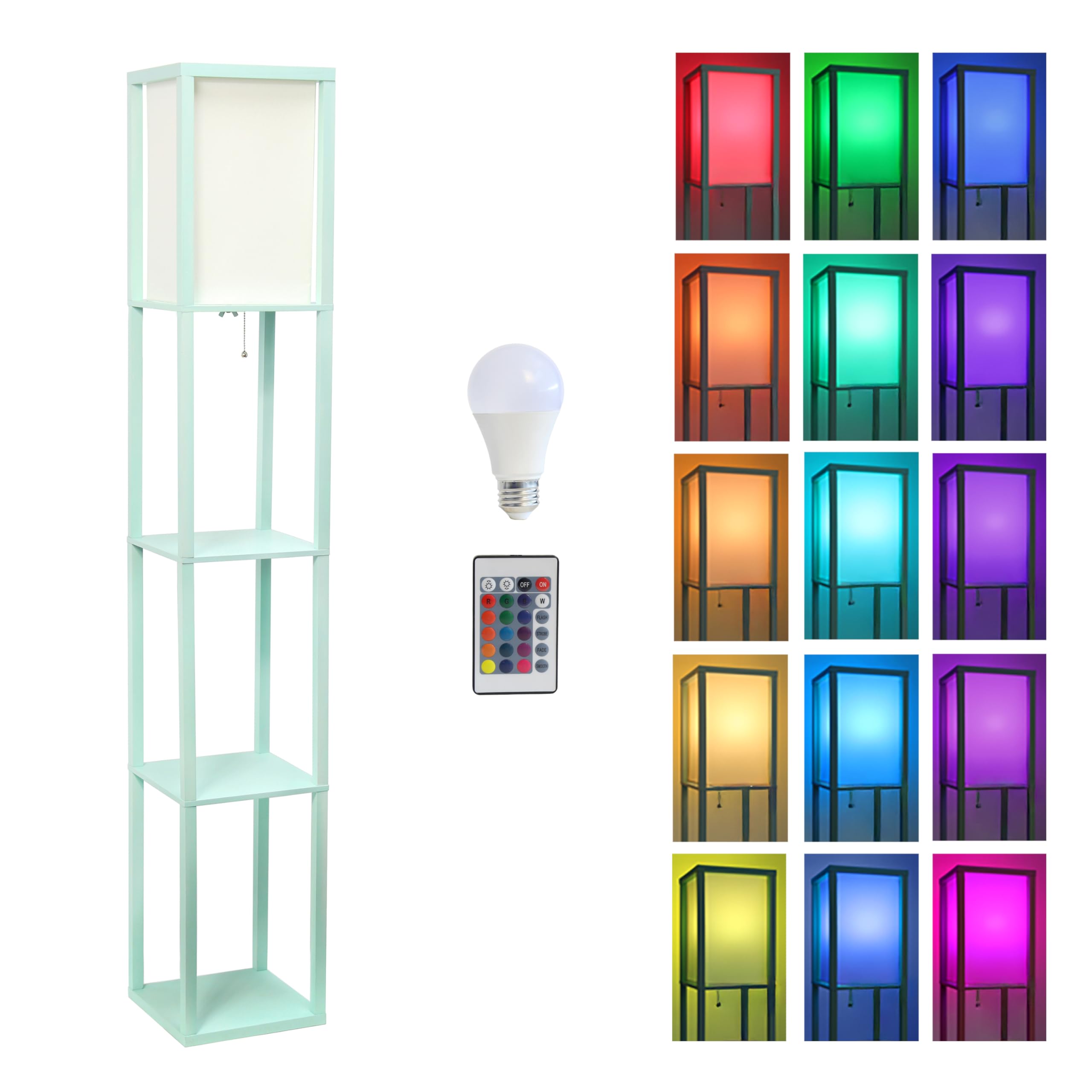 Simple Designs LF1014-AQU-CCLB 62.5" Three Shelf Etagere Organizer Storage Floor Lamp with White Linen Shade for Living Room, Bedroom, Office, Hallway, Aqua, with Color Changing LED Bulb Included