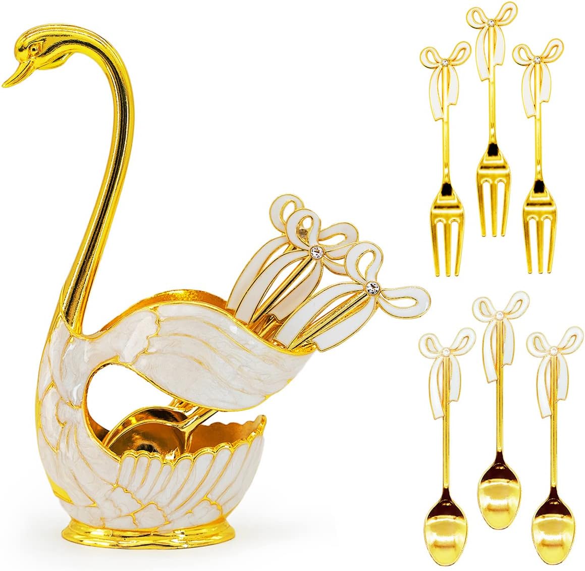 Coffee Dessert Spoon Fork Set, Swan Base Holder with 3 Spoons and 3 Forks, Coffee Dessert Sugar Flatware for Fruit Dessert Stirring Sugar Ice Cream (Gold)