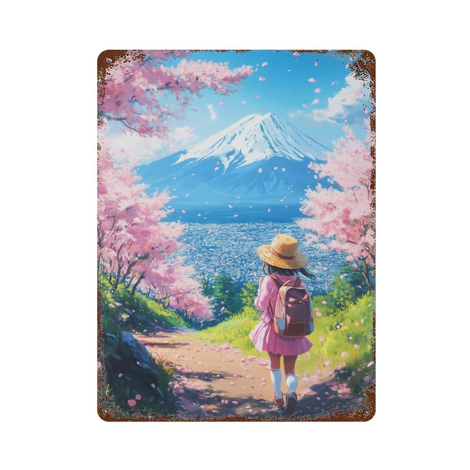 Cherry Blossom Fuji View 15.7"x11.8" Rustic Tin Plaque, Novelty Wall Decor for Living Room, Hallway And Home Decor