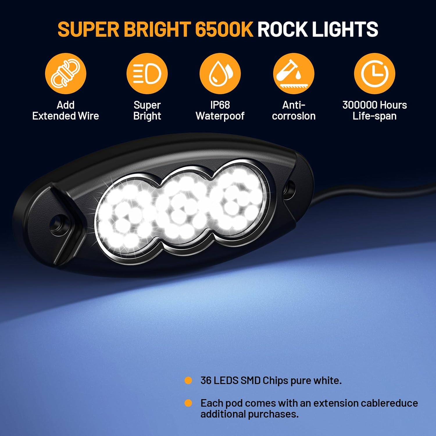 30Pods Pure White Rock Lights 36 LEDs SMD Chips 6500K Super Bright Underglow Light IP68 Waterproof for Trucks Pickup SUV Car with 32.8ft Wire