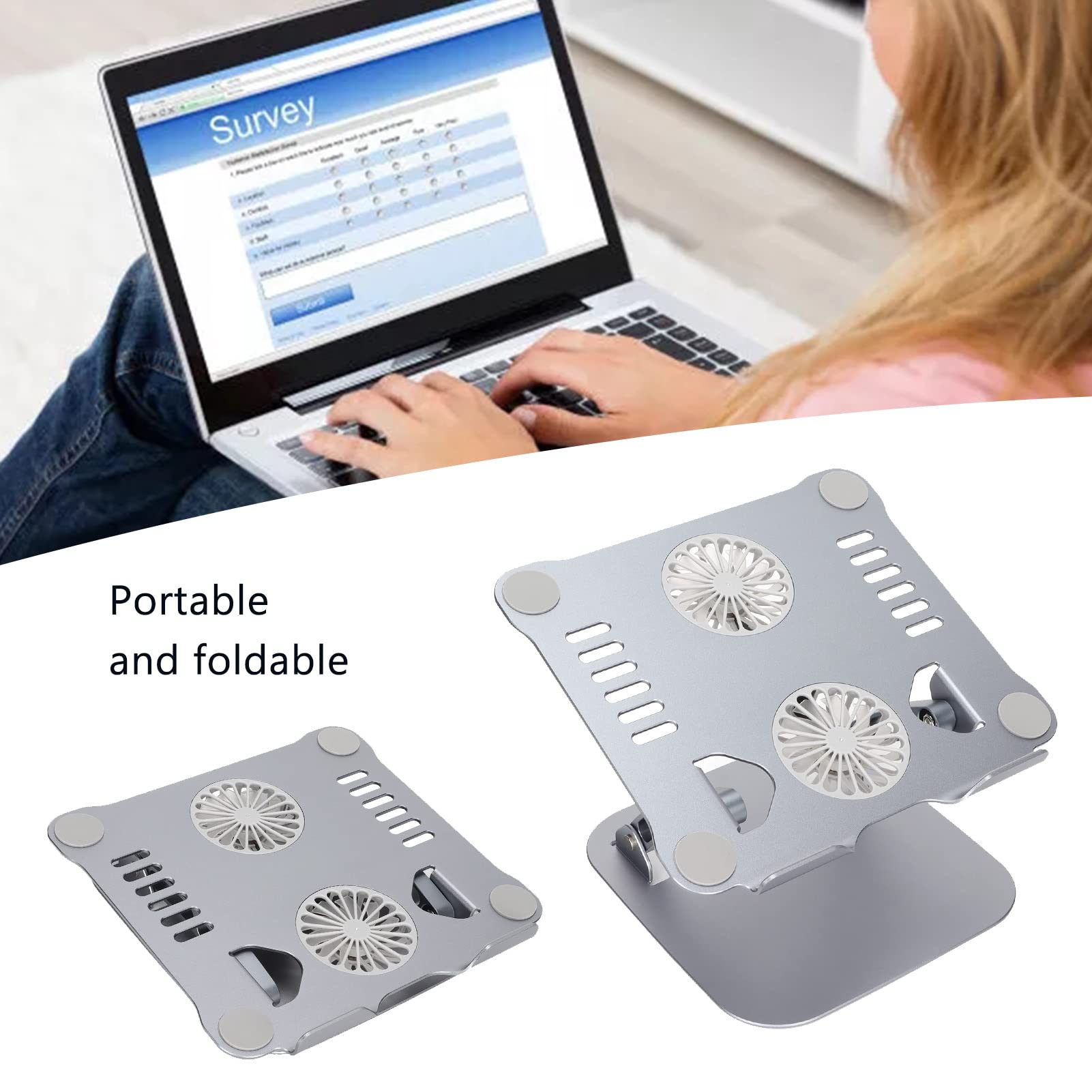 Soporte Ergonómico para Portátil de Aleación de Aluminio con 2 Ventiladores de Refrigeración para Ordenador, Soporte de Refrigeración Portátil Plegable para Portátiles de (Gris)