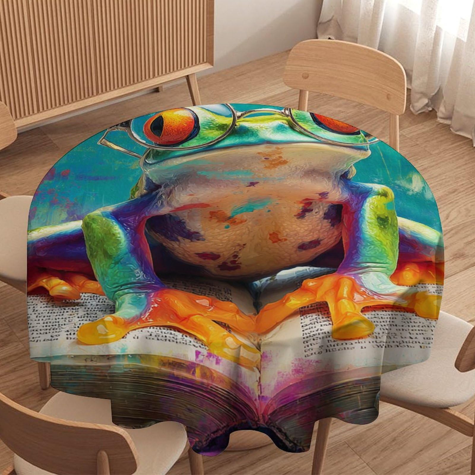 LUYYSKY Rustic Realistic Cute Frogs Waterproof Round Tablecloth Retro Oil Painting Graffiti Wall Books Animals Frogs Pattern Washable Table Cover for Kitchen-152.4" Wx152.4 L cm