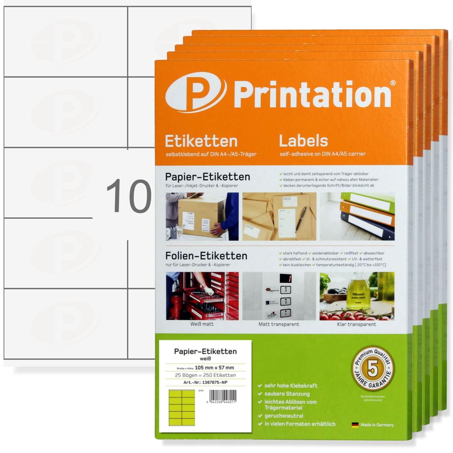 Printation Étiquettes 105 x 57 mm – 5000 étiquettes autocollantes sur 500 feuilles DIN A4 – 2 x 5 10 105 x 57 mm étiquettes universelles blanches – Étiquettes d'adresse imprimables 3425 4425 LA161