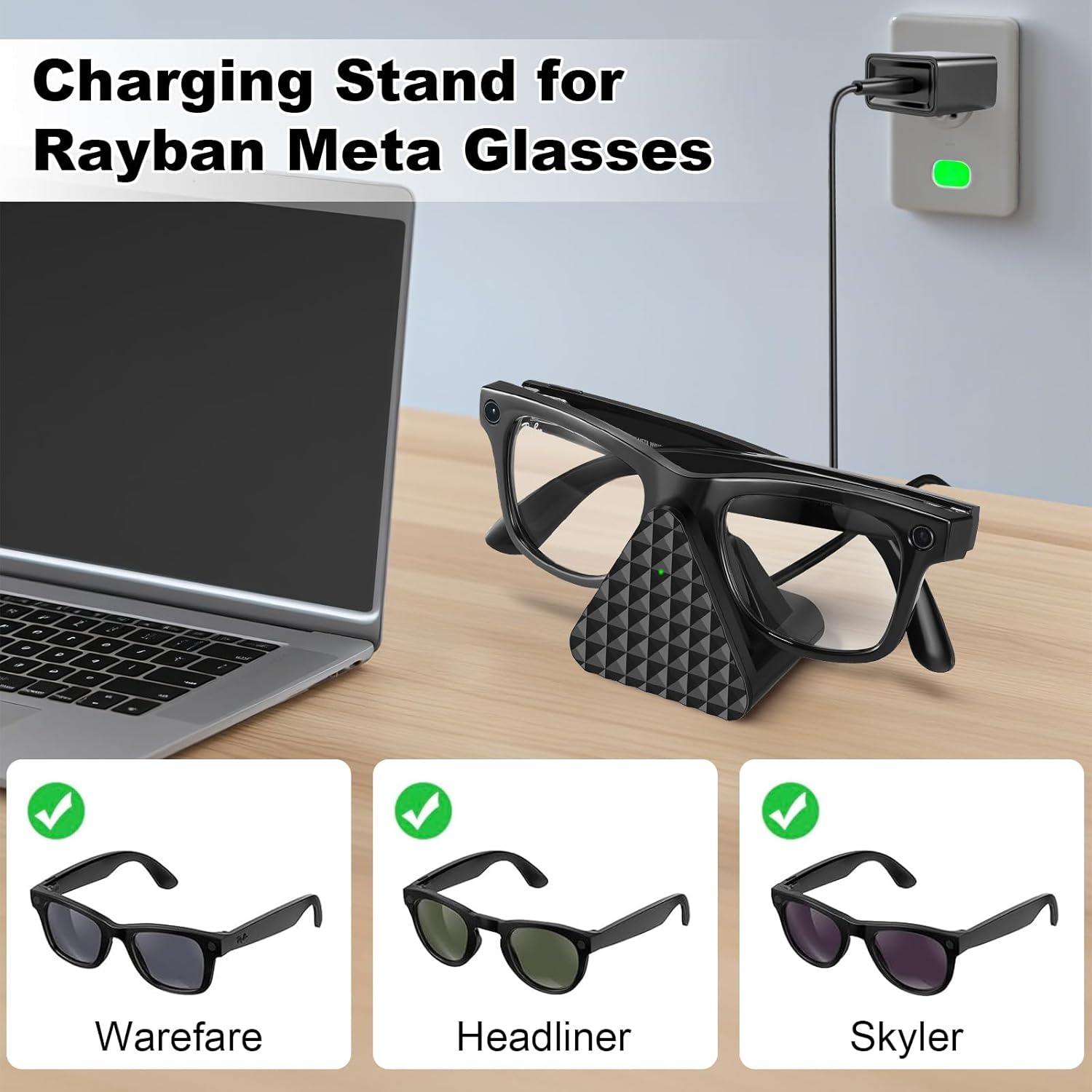 Charging Stand & Cable for RayBan Meta Wayfarer, Skyler & Headliner Oakley Meta HSTN Charger, USB-C Smart Glasses Charging Dock LED Indicator (White)