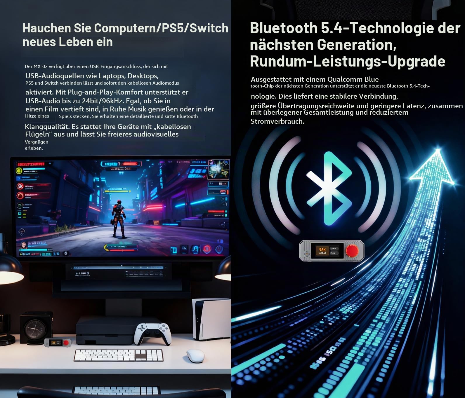 xDuoo MX-02 HD Bluetooth 5.4 Audio-Sender – LE Audio und aptX Lossless für extrem niedrige Latenz, Bluetooth-Dongle für PC/TV/CD-Player/PS5, kabelloser Lossless-Sender für Lautsprecher/Kopfhörer