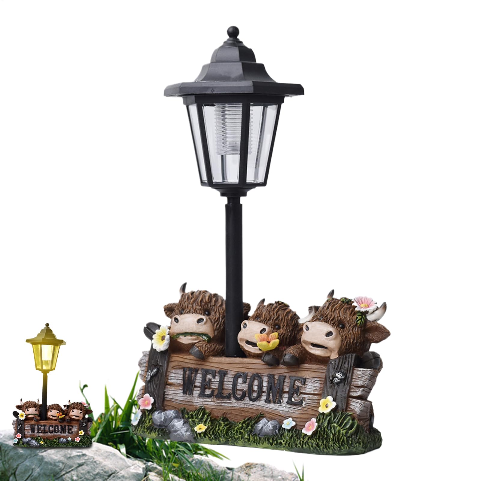 Luz solar para exteriores de resina y letrero decorativo de bienvenida para patio