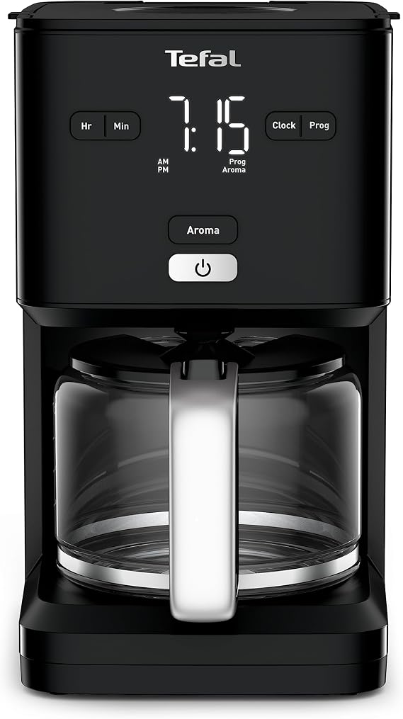 Tefal CM600810 Smart'n Light Coffee Maker, 24-Hour Programmable Filter, Capacity 1.25 L, Intuitive Digital Display, Perfect Extraction, Extra Large Shower Head, Drip Proof, Black, CM600810