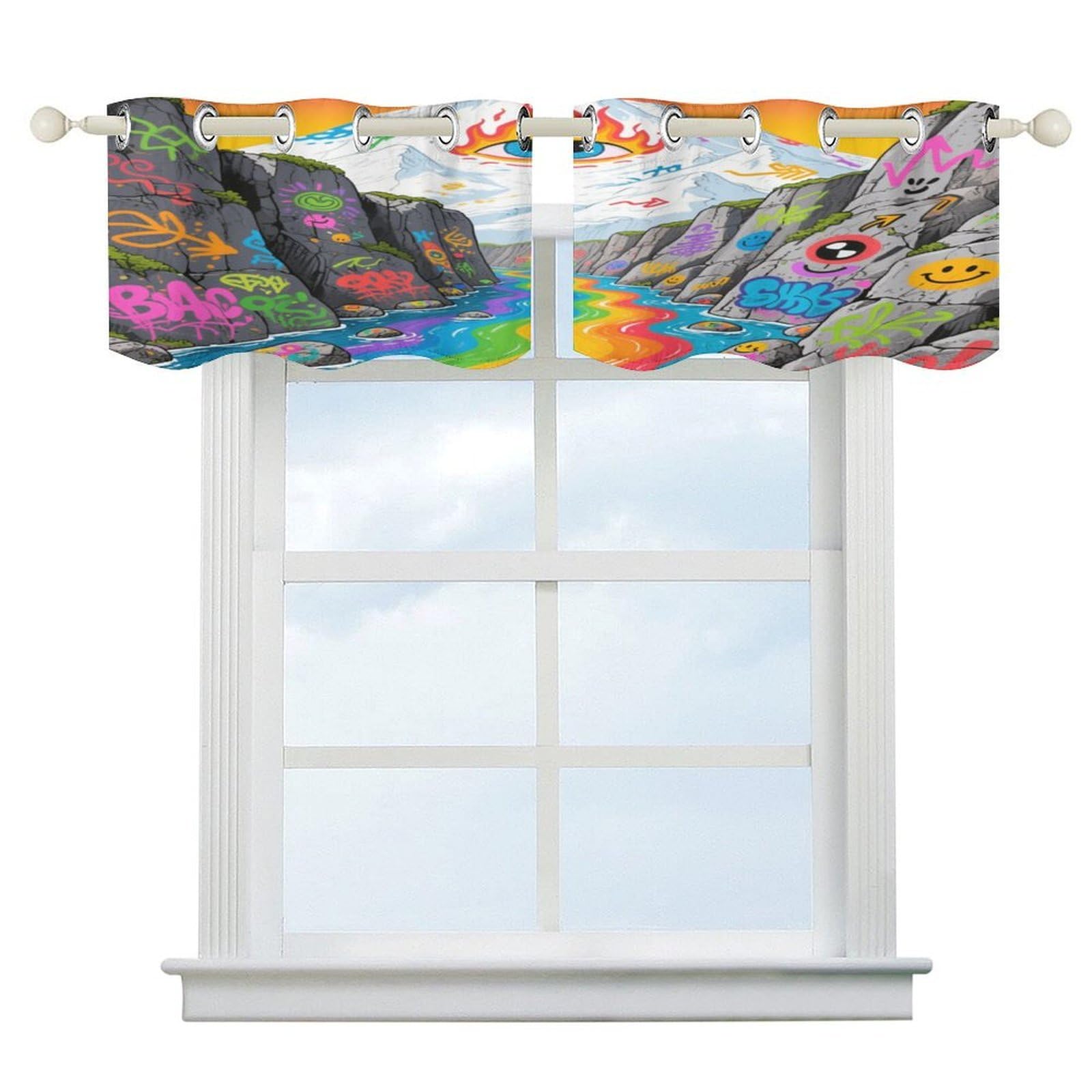 Fekiloot Style Graffiti Snow Mountain Valley Short Curtains Valance Curtain