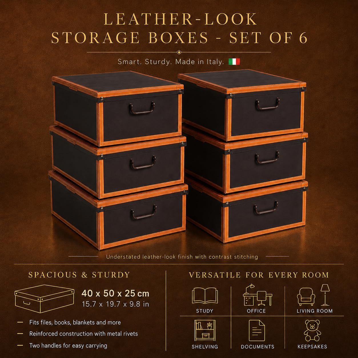 Set aus 6 Aufbewahrungsboxen mit Deckel – Große Kleiderboxen aus Karton 40x50x25 cm – Robust, leicht zu montieren, mit Tragegriffen – Perfekt für Kleiderschrank & Saisonwechsel Braun