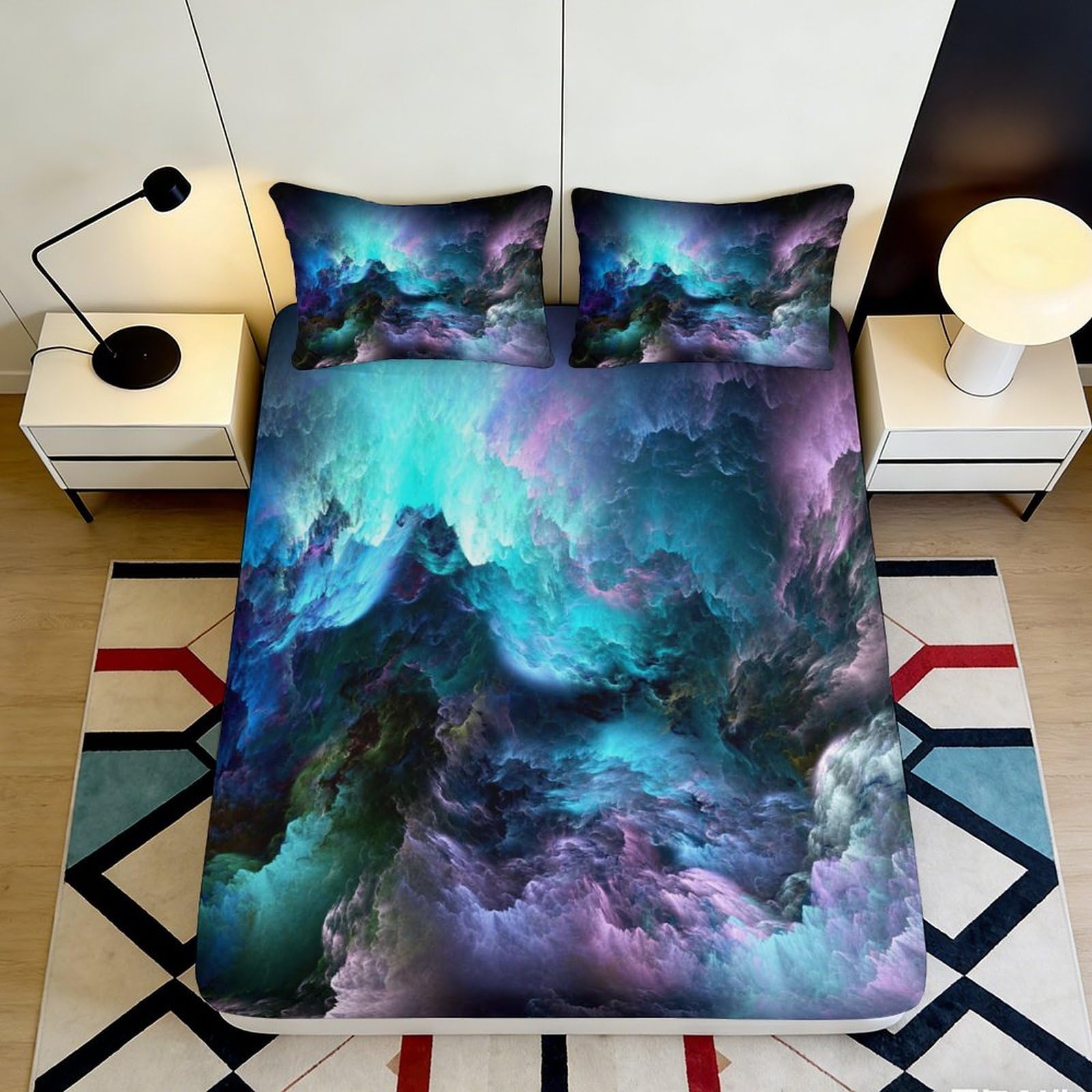 3D Printed Aurora Dream Fitted Sheet Microfiber Soft Breathable Nebula Mattress Cover for Bedroom Dorm Decor 90x200x25cm