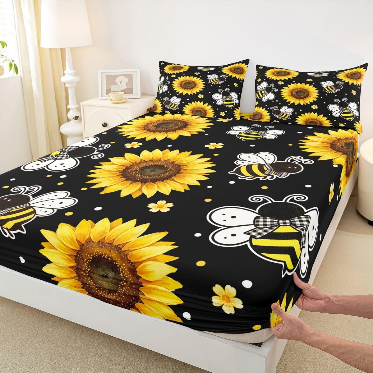 Kawaii Bee Bed Sheets Queen Yellow Sunflower Floral Fitted Sheet Spring Rustic Honeybee Bedding Set for Kids Boys Girls,Garden Flying Bees Animal Bed Cover 3 Pcs