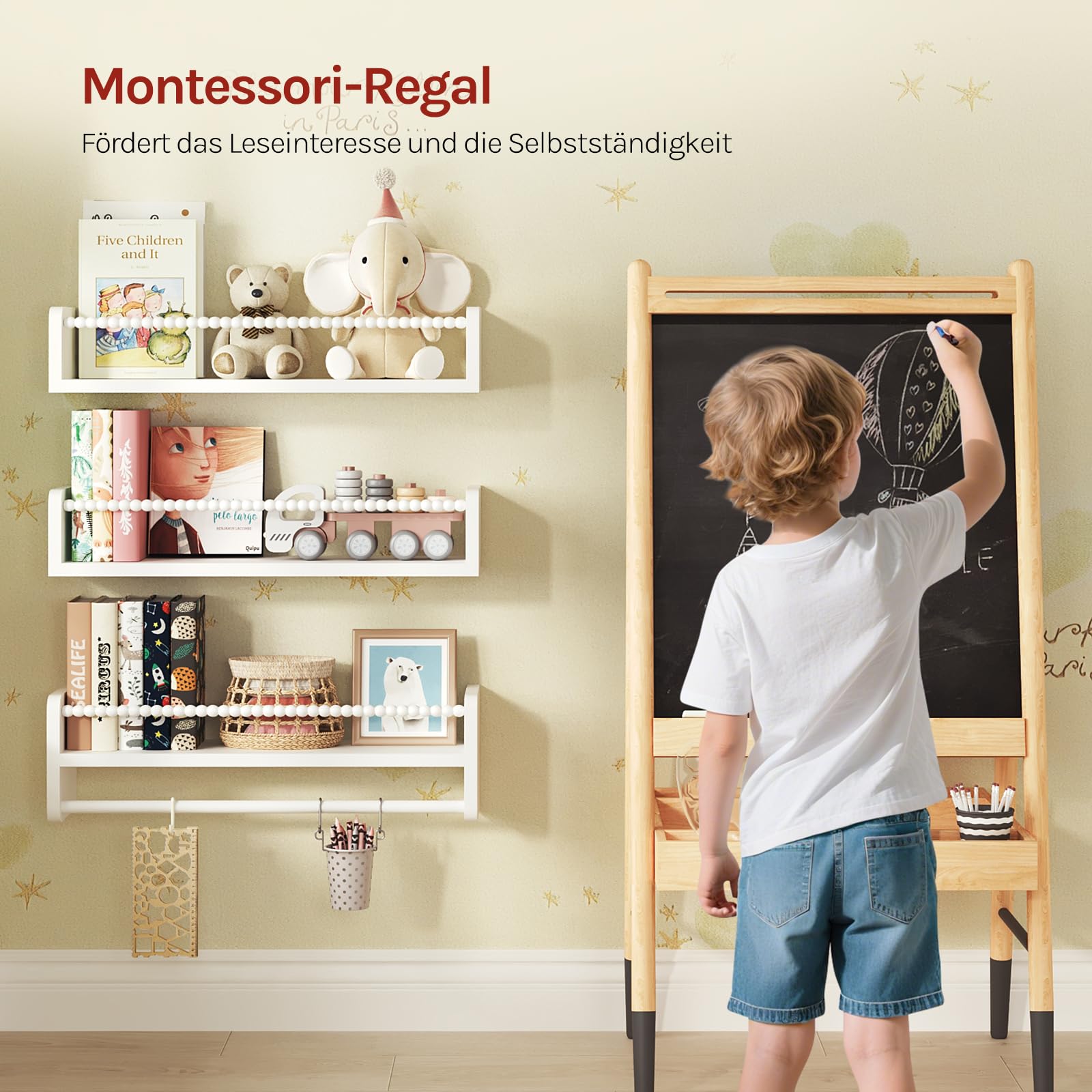 WOLTU 3er Set Kinder Bücherregal Wand, 50cm Wandregal Kinderzimmer, aus Massivholz, Hängeregal Schweberegal Kinderregal, Montessori Regal, für Bücher Spielzeug, Weiß