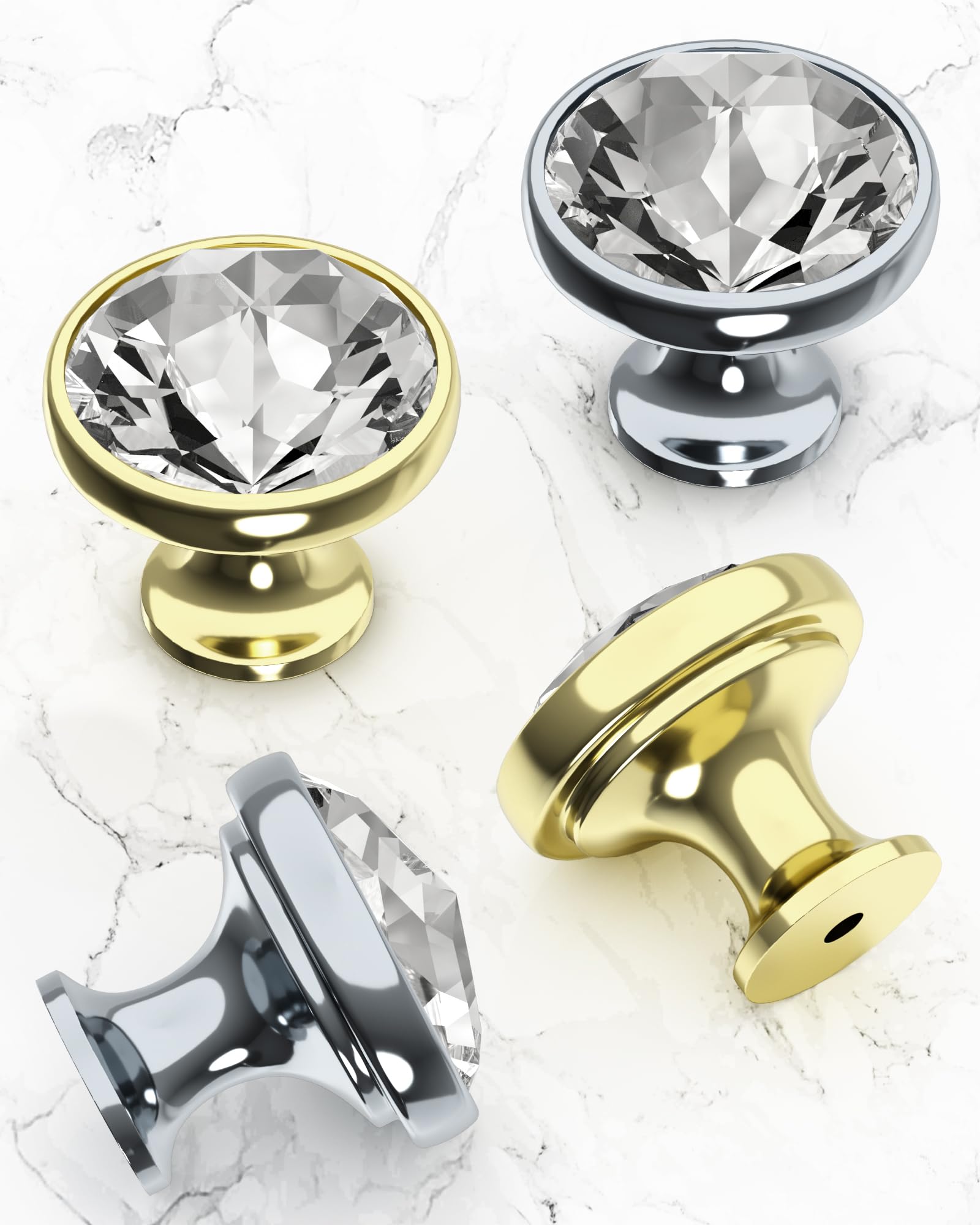 FURNIWARE - 10 piezas de pomos de gabinete de cristal con 2 tamaños de tornillos, tiradores de cajón de 34,2 mm, elegante oro diamante, orificio único transparente para armarios de cocina, cómoda