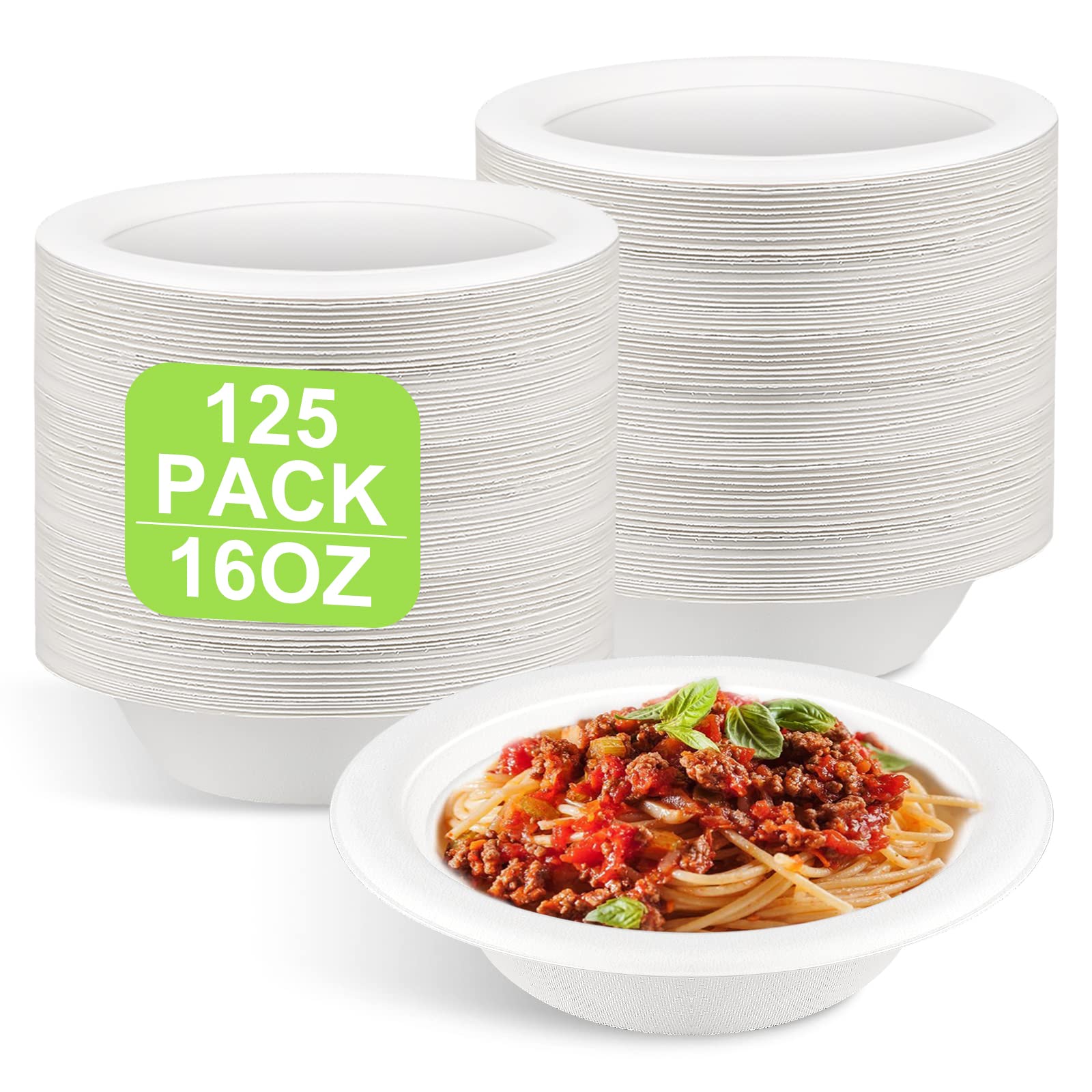 125 Pack Disposable Bowls 16oz White Large Hot Soup Dishes Sugarcane Strong