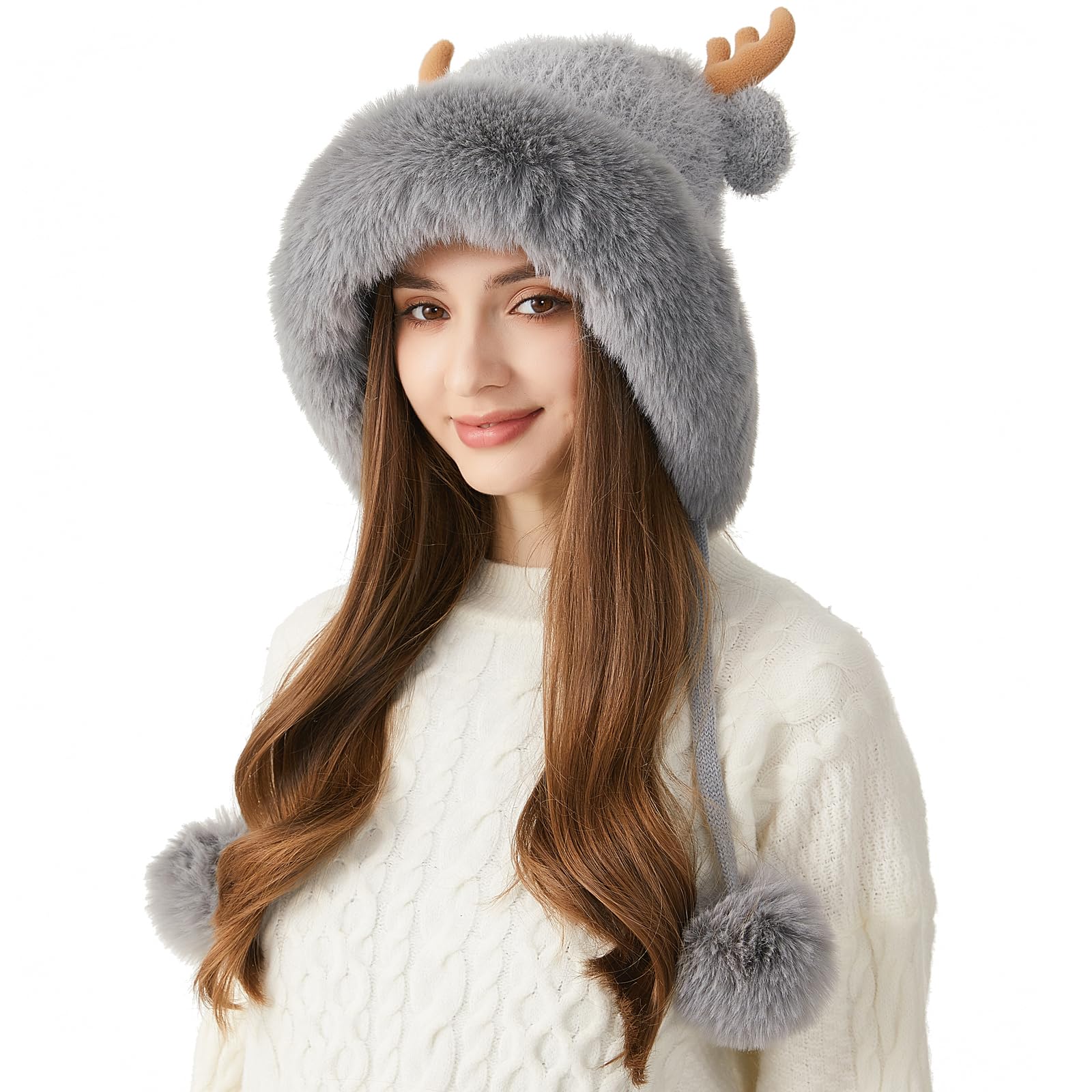 HUAMULAN Women Winter Sherpa Beanie Hats Knit Ear Flaps Cover Ears Antler Fleece Lined Ski Snow Hat 2 Pompoms