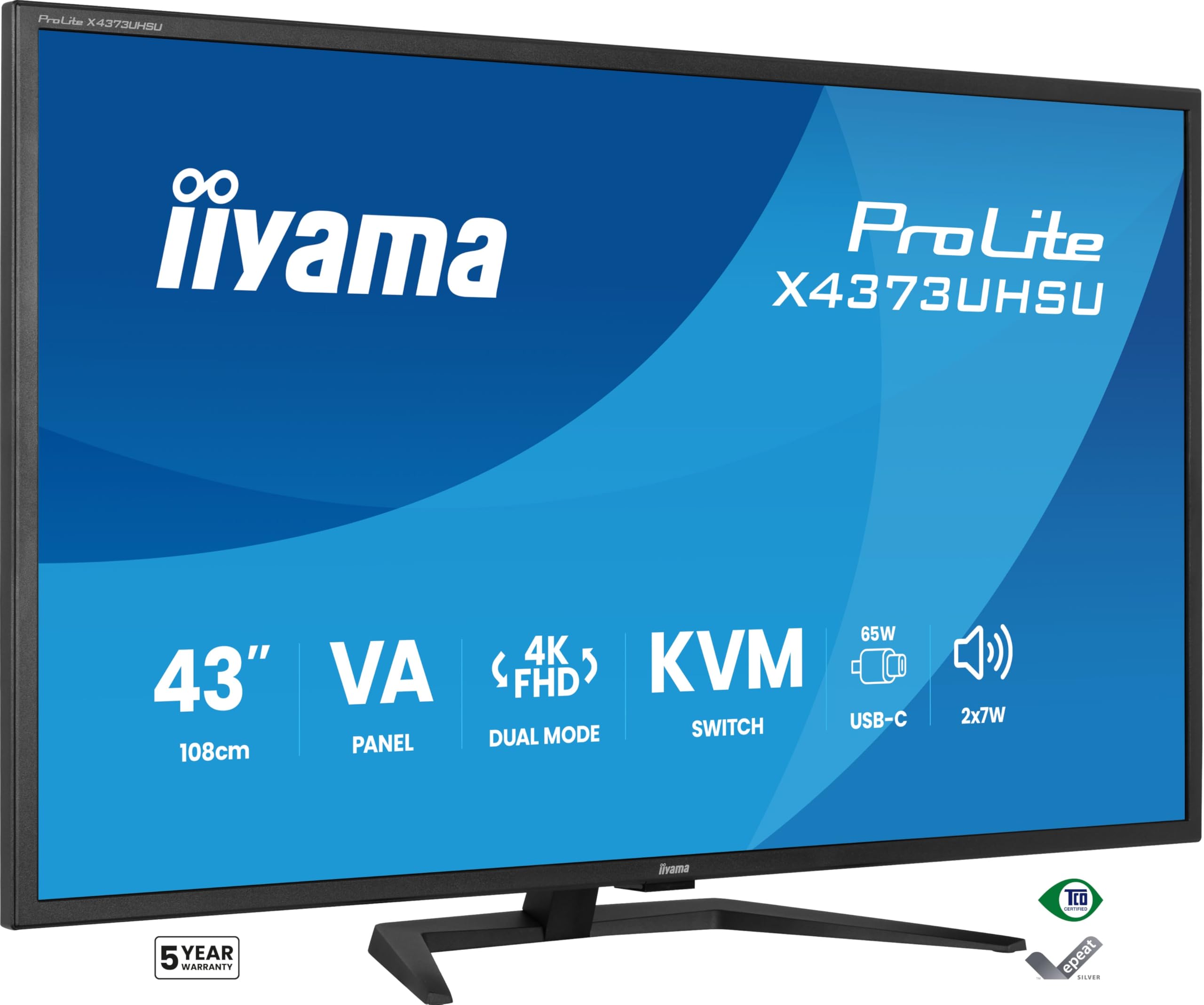 iiyama Prolite X4373UHSU-B2 108cm 42,5" VA LED-Monitor Dual Mode 4K UHD 60Hz oder FHD 120Hz 2xHDMI DP USB-C (DP Alt Mode, 95W) USB Hub (2X Typ A v.3.2, 2X Typ C 5W) KVM-Switch HDR10 Pip/PbP schwarz