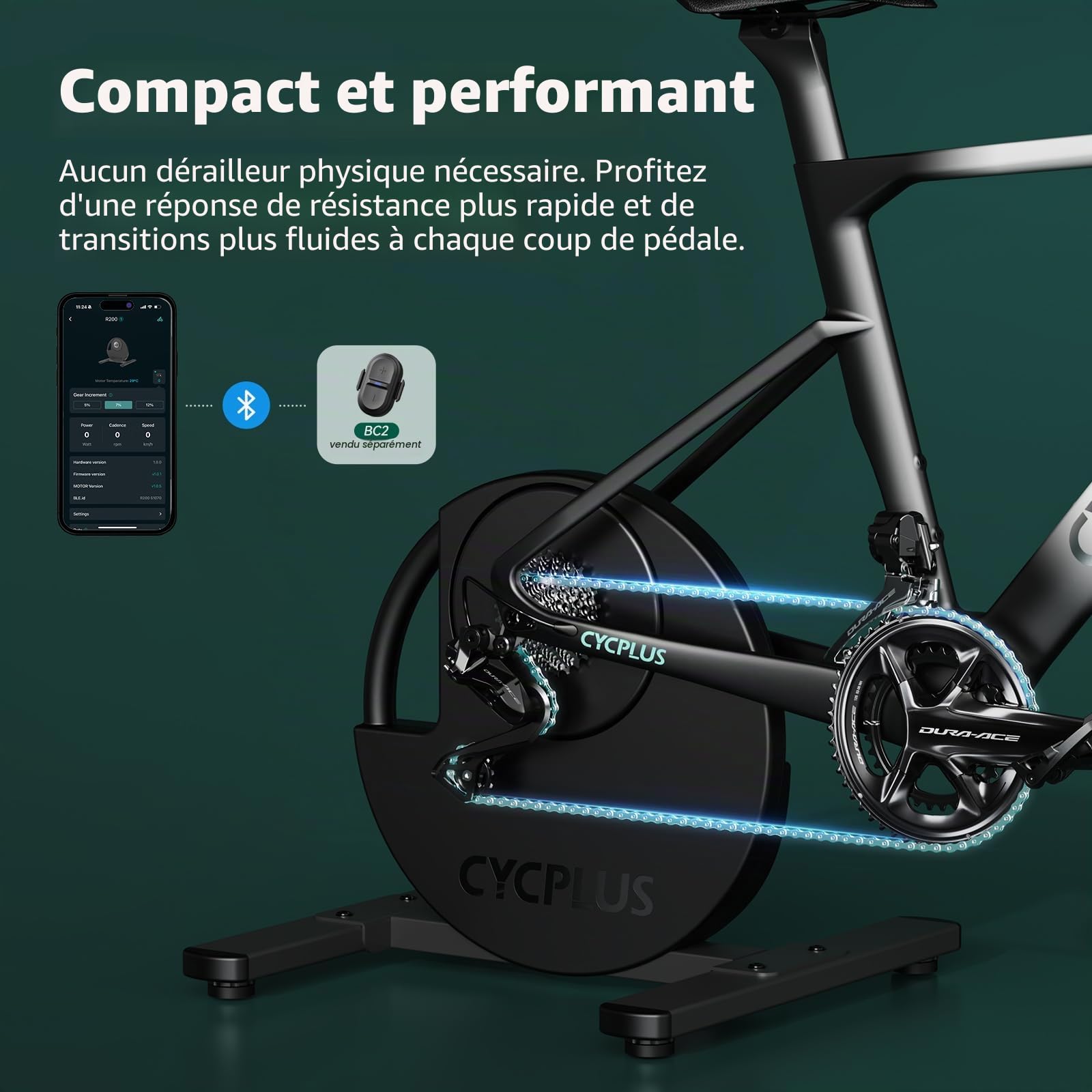 CYCPLUS R200 Entraîneur de vélo d'intérieur intelligent, moteur sans balais de 2200 W, simulateur de pente à 19 %, double mode BLE & ANT+, changement de vitesse virtuel, simulation montée/descente
