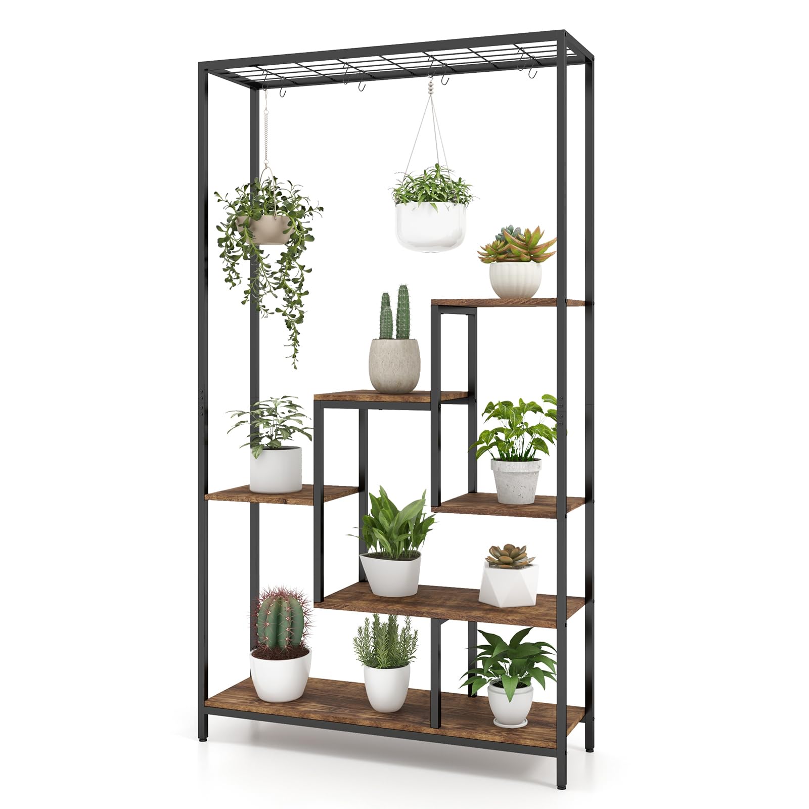 HOMASIS 6 Niveles Soporte para Plantas de Interior, 100x30x180cm Estantería Vertical y Multiusos con Rejilla y 10 Ganchos, Jardinera Industrial de Madera y Metal para Decoración Marrón