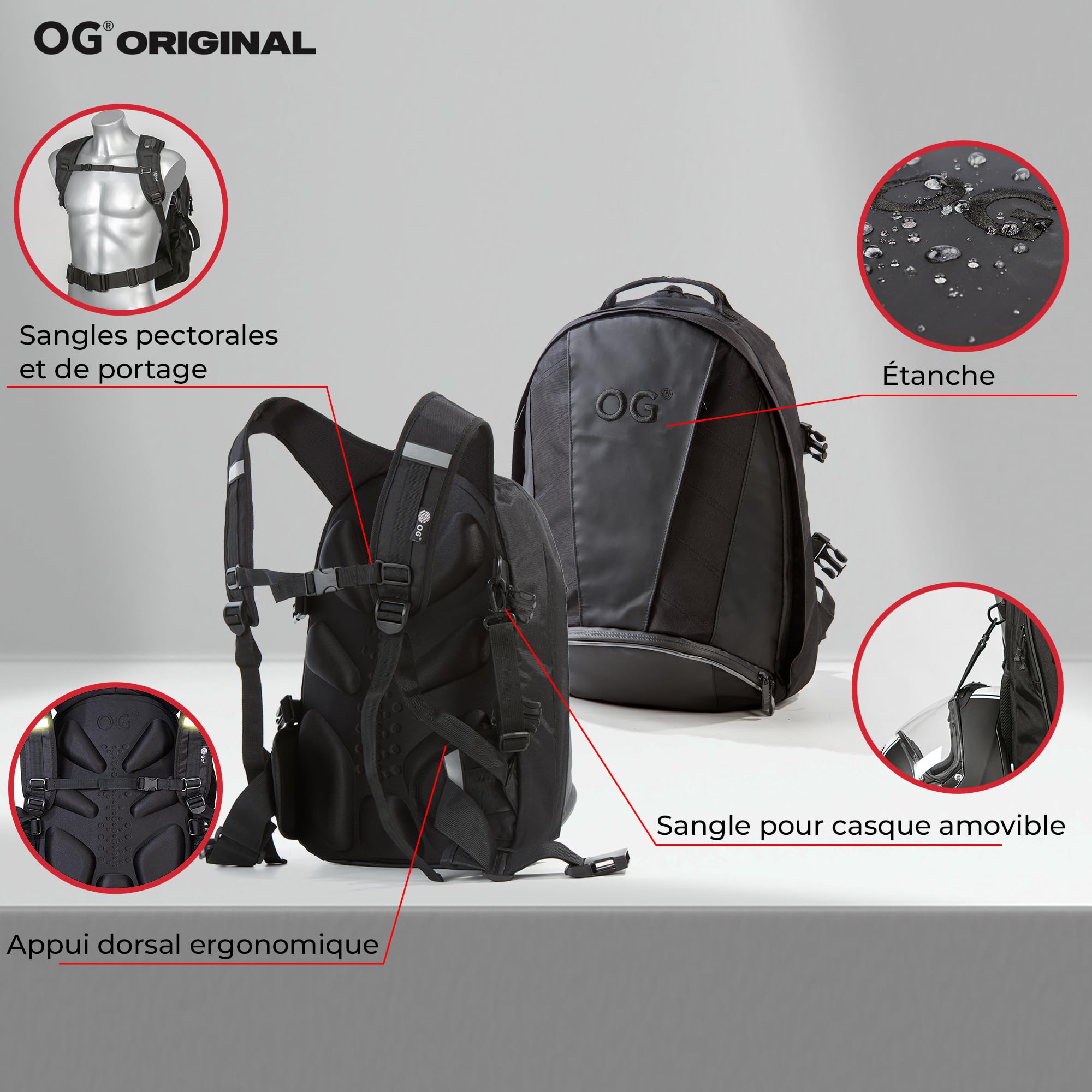 OG Original EZ-RiderPRO Sac à Dos Moto Noir Extensible 28-35L, Sacoche Porte-Casque Motard, Sangle Casque, Étanche, Portable, Réfléchissant, Logo Noir