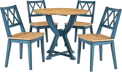 Miniatura 8 de Juego de mesa de comedor de 5 piezas, mesa redonda de madera con patas de caballete y 4 sillas de comedor con respaldo cruzado, adecuado para