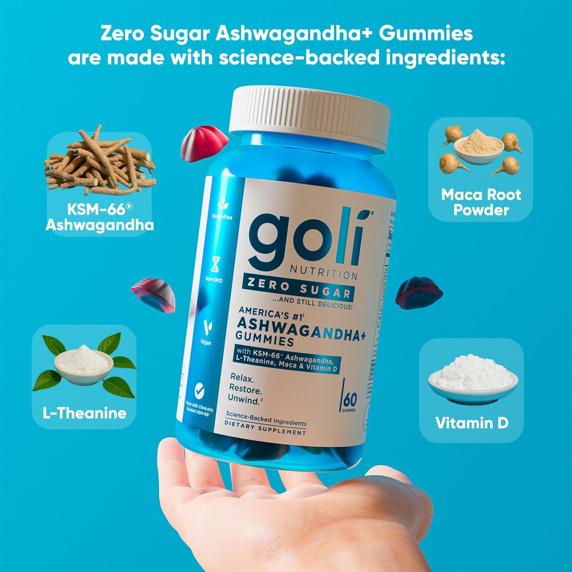Goli Zero Sugar Trio- World's First 3-in-1 Pre, Post, Probiotic, Apple Cider Vinegar with Vitamin B12 and Probiotics, Ashwagandha & L-Theanine, Vitamin D gummies. Vegan, Gelatin & Gluten-Free, Non-GMO
