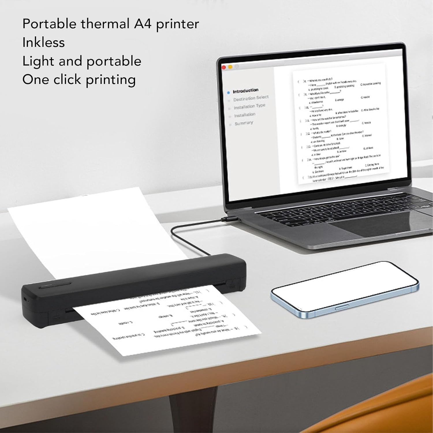 Walfront Portable Thermal Printer Wireless Inkless Mini Printers 203DPI Supports 8.5x11 A4 A5 Paper with 2600mAh Battery for Home Office Travel