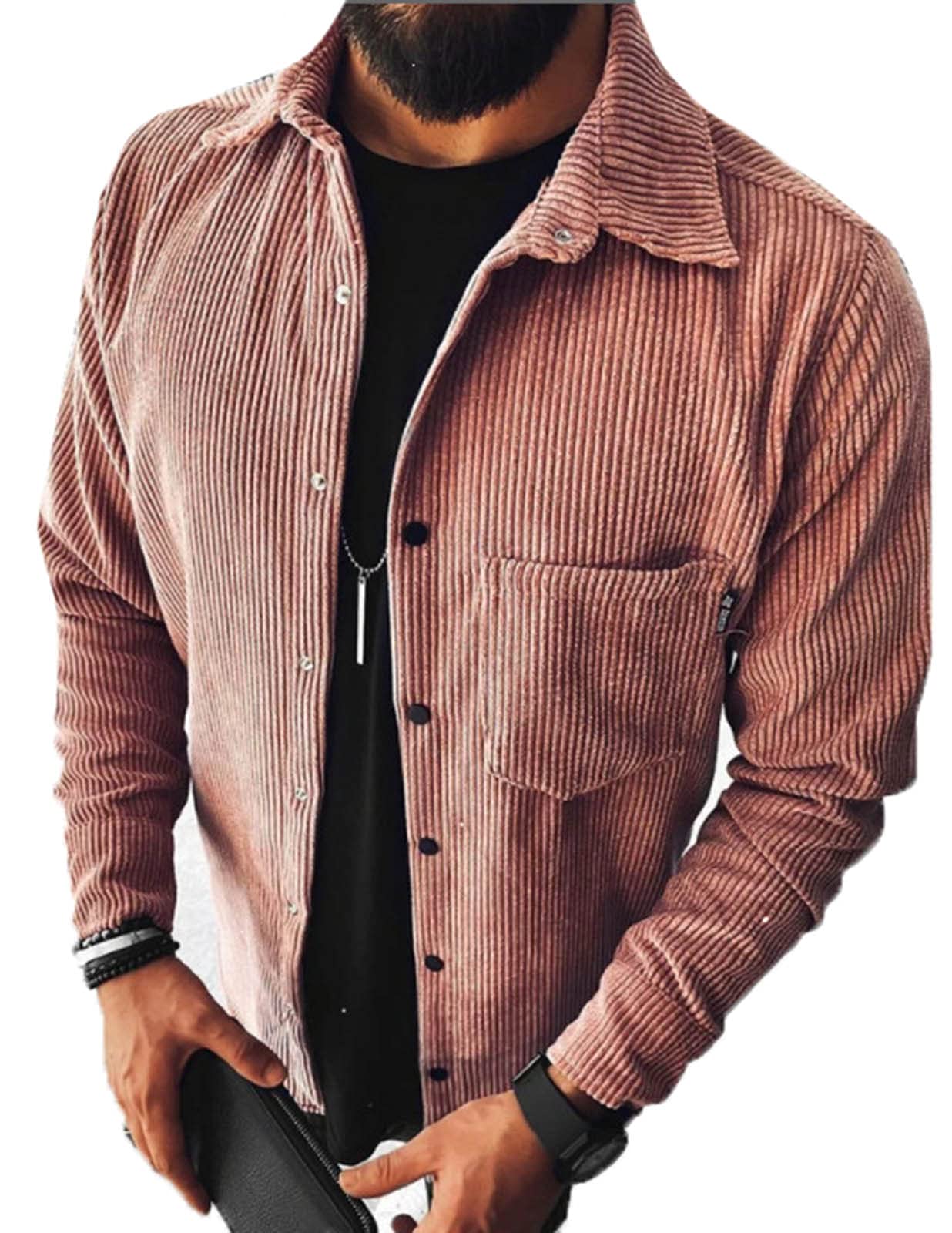 Keepmore Men's Pink Plaid Button Down Shirt Regular-Fit Long-Sleeve Flannel Shirt Fashion Autumn Coat Tops With Pocket