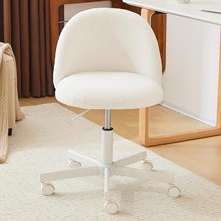 VINGLI White Teddy Fleece Vanity Chair with Back - Cute Small Desk Chair for Girls, Silent Wheels, Adjustable Height