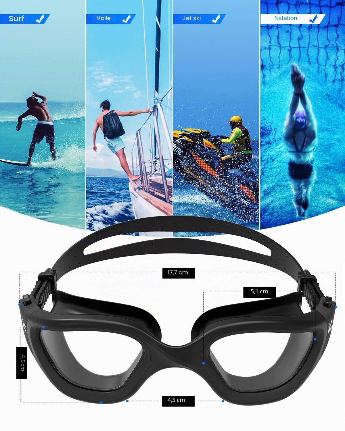 ZIONOR G1MS Lunettes de natation optiques, anti-fuite et anti-buée, verres correcteurs professionnels, avec correction visuelle/dioptrie, protection UV pour hommes et femmes, pour le plein air