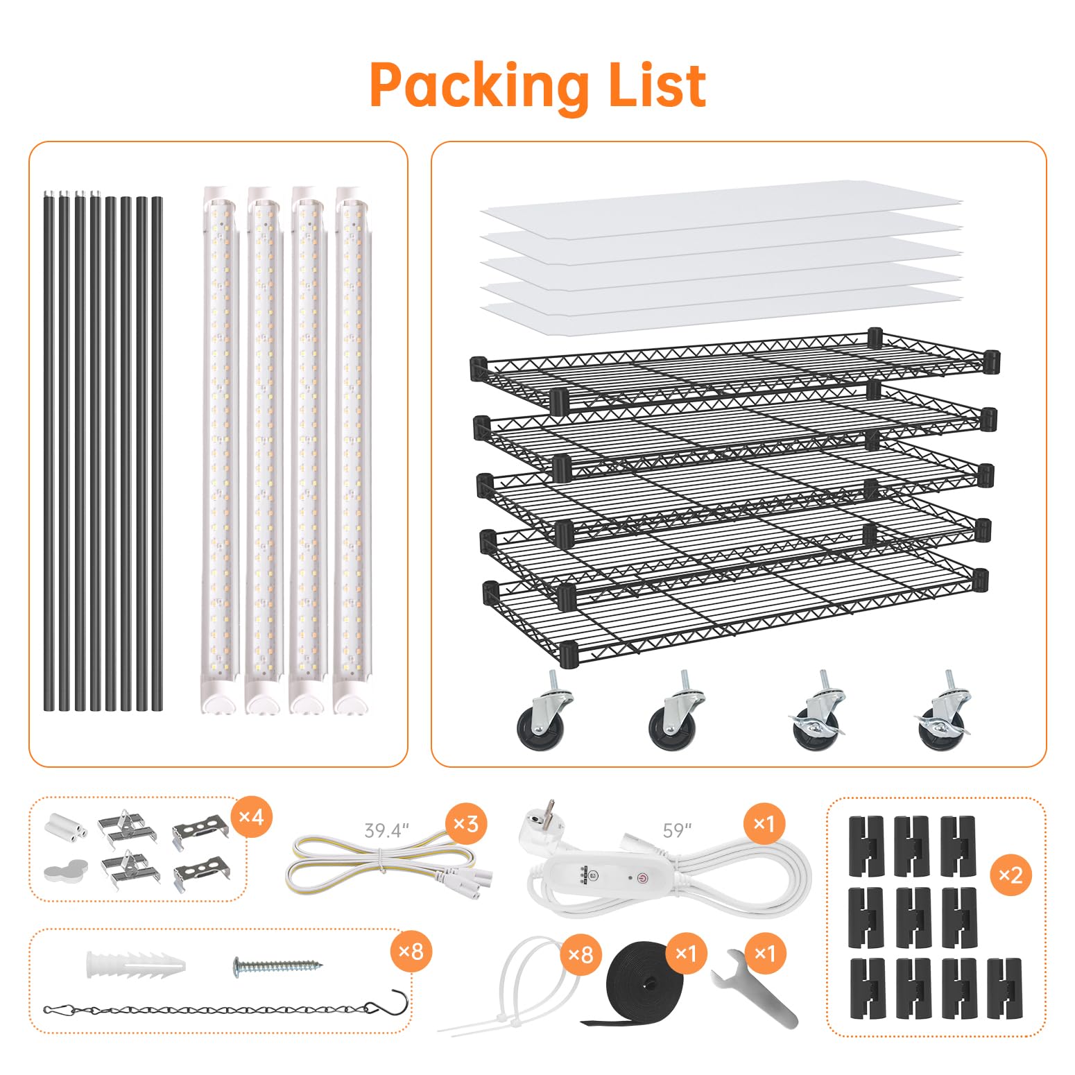 Bstrip Pflanzenregal mit Pflanzenlampe, 5-stufiges Pflanzengestell mit T8 Pflanzenlampe LED Vollspektrum mit Rollen, 3686K Wachstumslampe für Pflanzen mit Timer, 75x35x150 cm