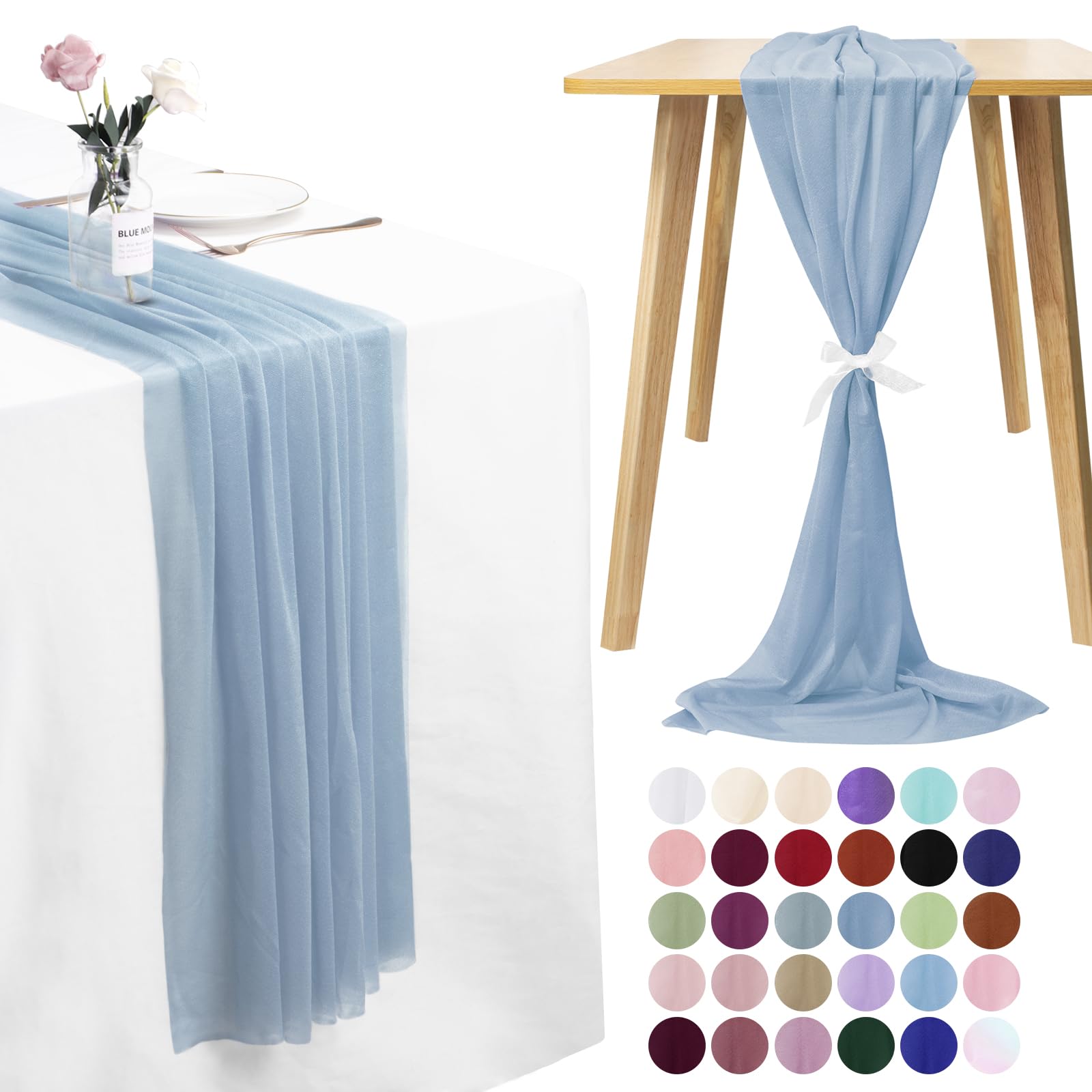 LEREATI 3 Pack Cheesecloth Table Runner Medium Blue Chiffon Table Runner 75cm x 180cm Gauze Sheer Table Runner Tulle Cheese Cloth Tablerunner for Party, Wedding, Christmas, Shower Decorations