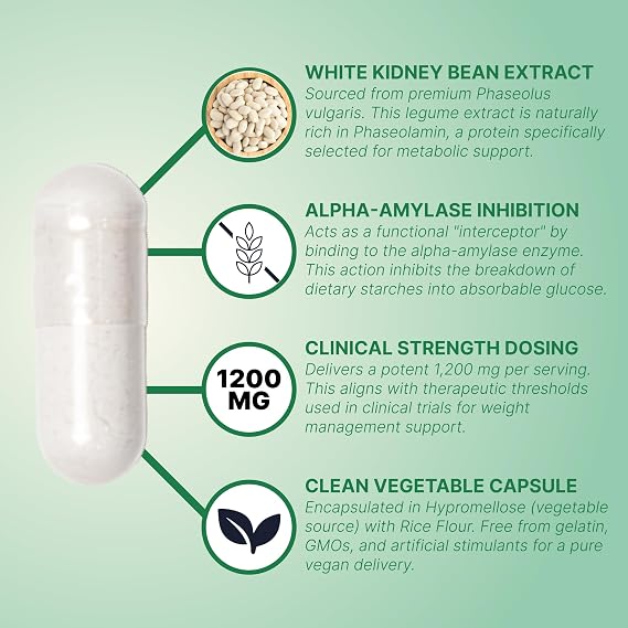 DIPO White Kidney Bean Extract Carb Blocker, 1200mg per Serving for Metabolism Boost & Ease Calories from Starchy Food - White Kidney Beans Supplement, Carb Control Supplements - 60 Vegan Capsules