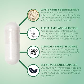 DIPO White Kidney Bean Extract Carb Blocker, 1200mg per Serving for Metabolism Boost & Ease Calories from Starchy Food - White Kidney Beans Supplement, Carb Control Supplements - 60 Vegan Capsules