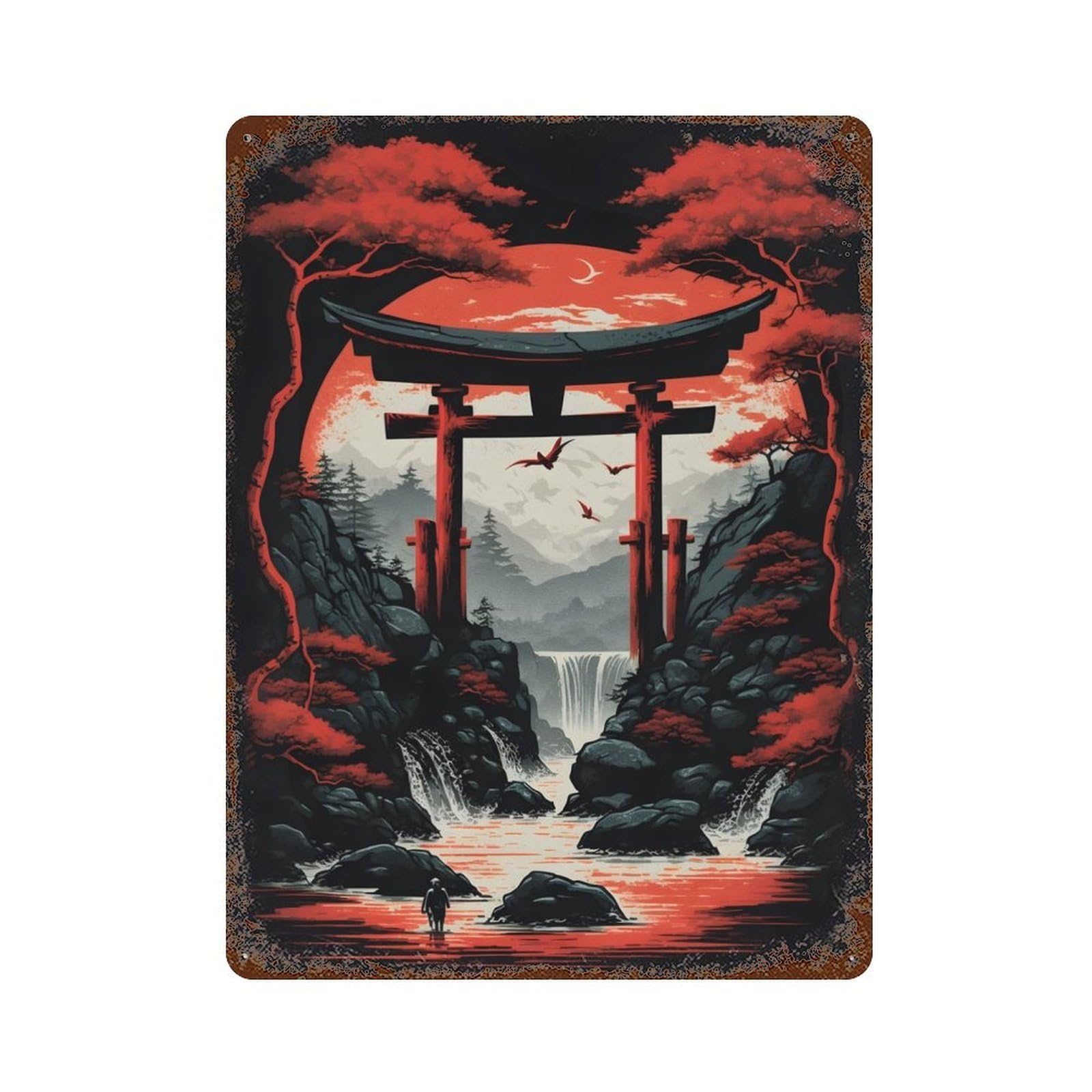 Garage Style Torii Gate 1 Rustic Tin Plaque 15.7"x11.8", Industrial Home Decor for Bar And Workshop