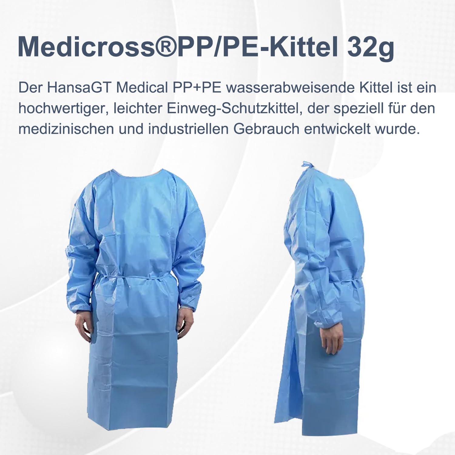10 Stk PP+PE Schutzkittel Einweg, OP Kittel Blau 128x148 cm, Krankenkittel 32g, Einweg Kittel, PP+PE-Vlieskittel, Patientenkittel, Einmalkittel, OP Kittel, Schutzkittel, Einwegkittel (PP+PE, 10 Stück)