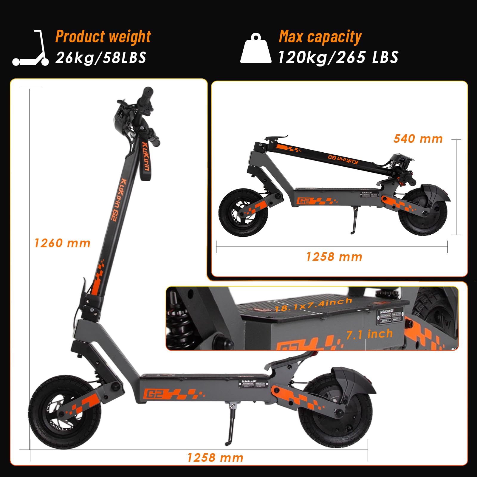 KuKirin G2 Monopattino Elettrico Adulto, Scooter Elettrico Pieghevole, Autonomia fino a 55 km, Schermo Touch, Batteria 48V 15.6Ah BMS, Pneumatici Tubeless 10 Pollici, Doppia Sospensione- Regalo Feste