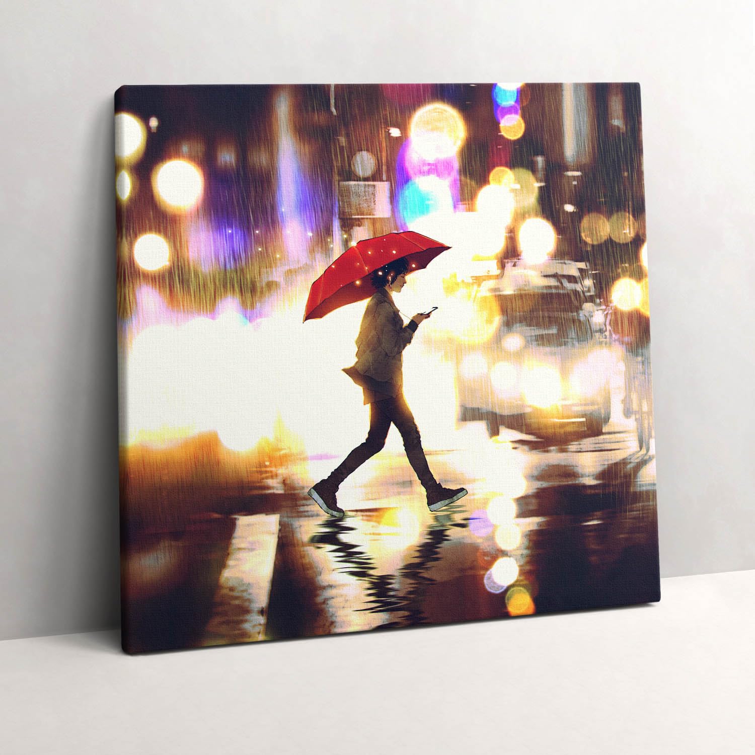 Illustration de rue de pluie anime toile 60x60cm pour déco salon moderne