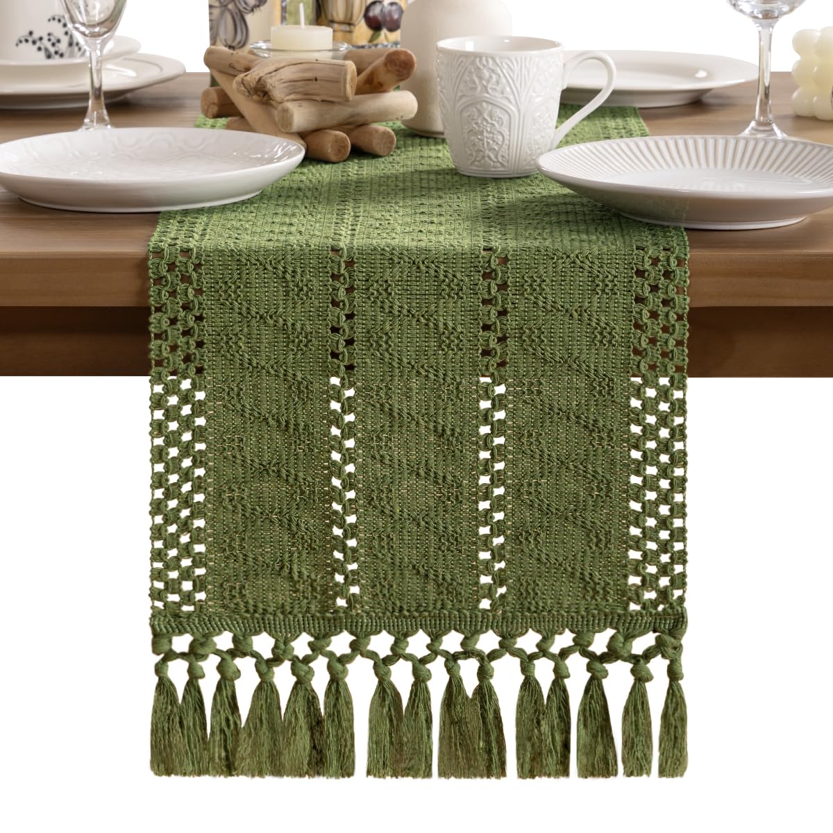 MLMW Boho Olive Green Table Runner 36 inches Small Coffee Table Runner Green Farmhouse Rustic Macrame Woven Short Dresser Runners for Bedroom Living