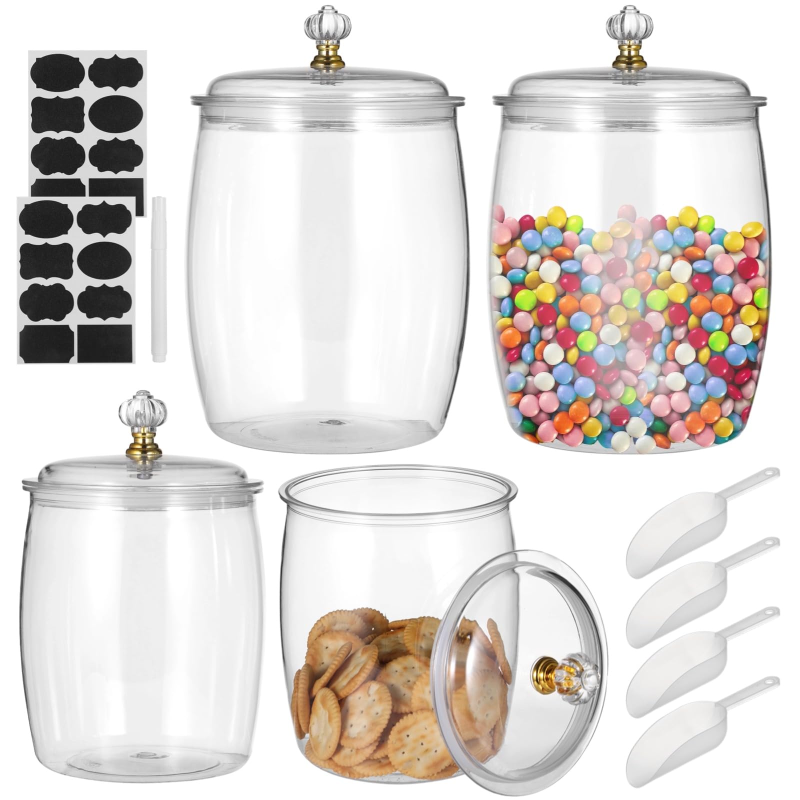 Epicover Plastic Storage Jars with Lids for Food, 2.2L x 2PCS, 3.8L x 2PCS, Multi-Functional Airtight Containers with Labels, Scoops, Stickers for Grains Nuts Snacks