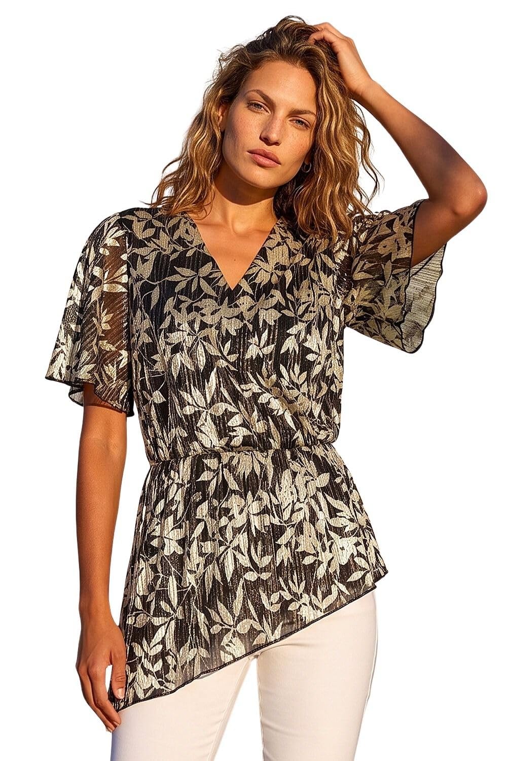 Roman Originals Women's Gold Floral Plisse Wrap Top For Uk - Everyday Autumn Winter V-Neckline Comfy Soft Evening Vacation Work Party Night Out - Size 20