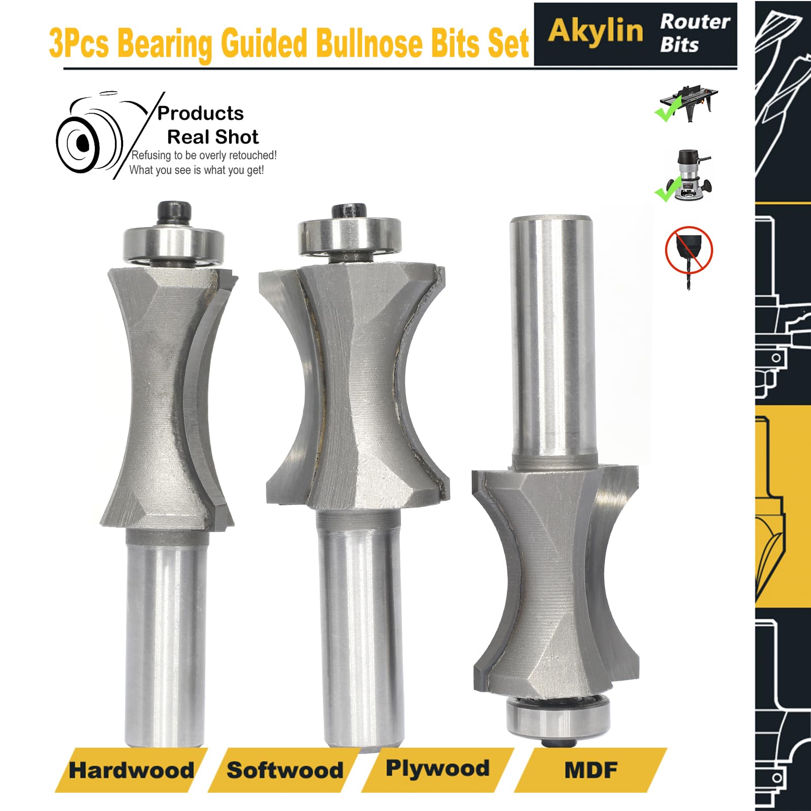 Snapklik.com : s 3Pcs Convex Edge Oval Router Bit Set 1/2