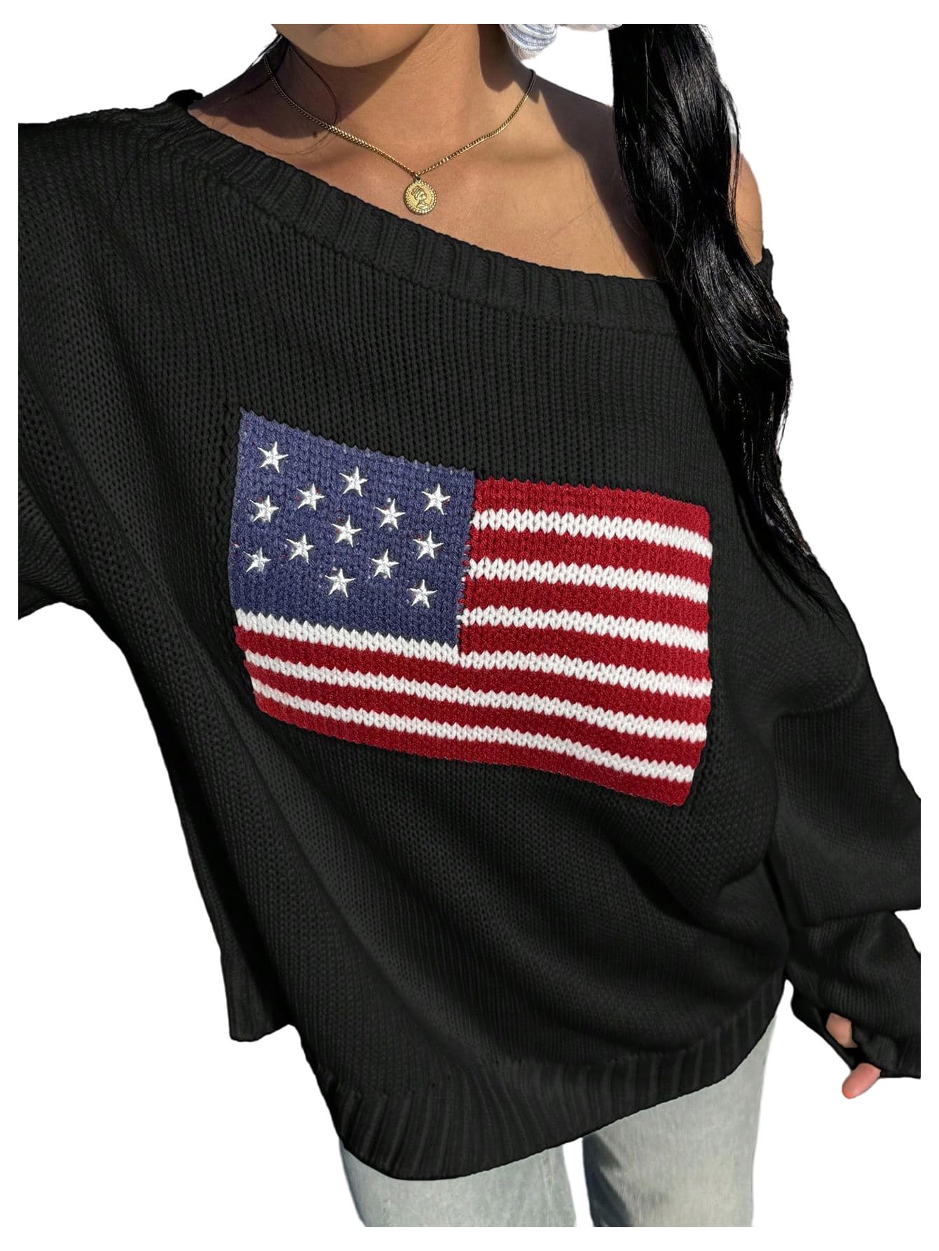 SweatyRocks Womens Oversized Off The Shoulder Sweater Flag Pattern Pullover Crewneck Sweaters Fall Winter Trendy