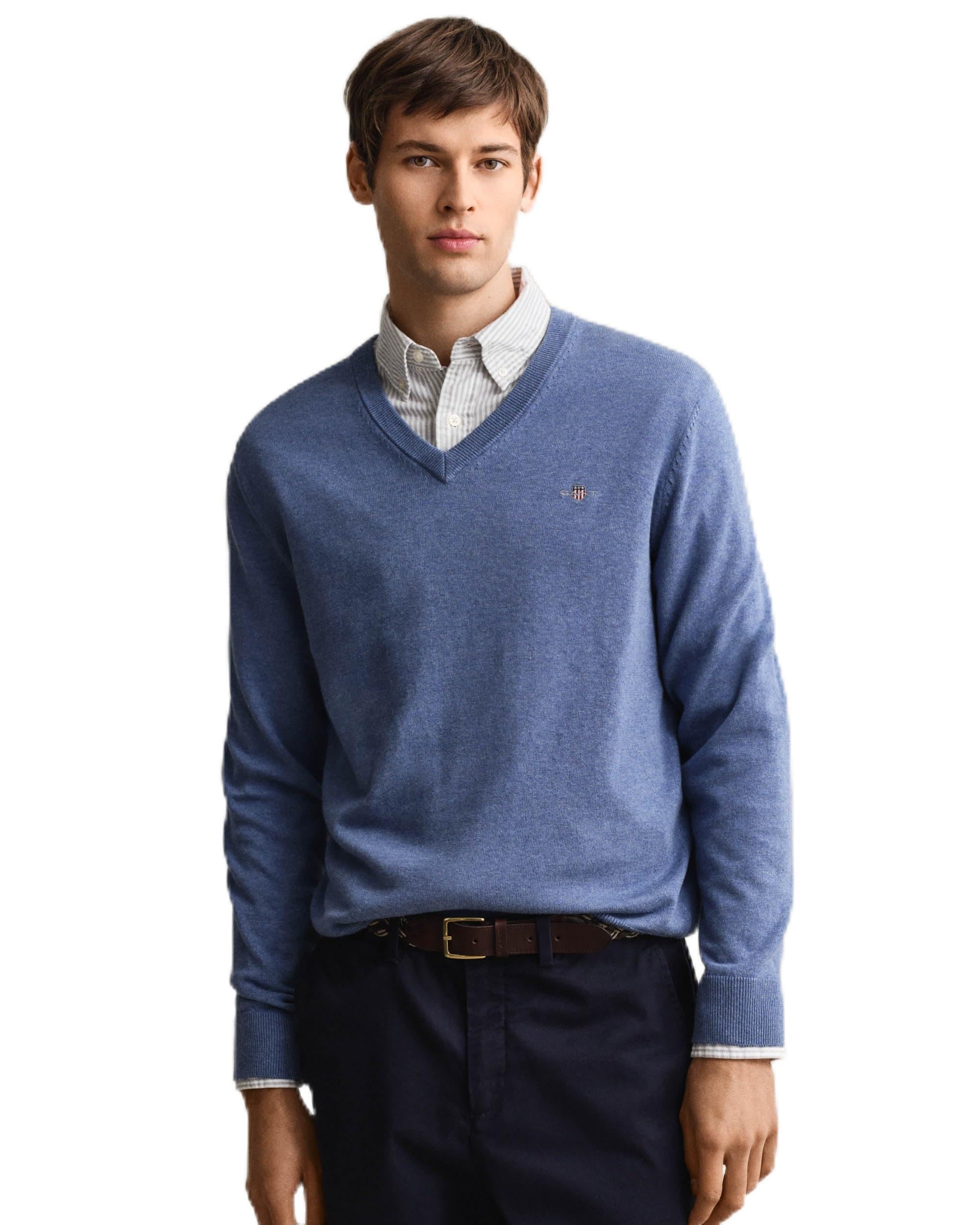 Gant Men's Denim Blue Melange Classic Cotton V-Neck Pullover, Xl