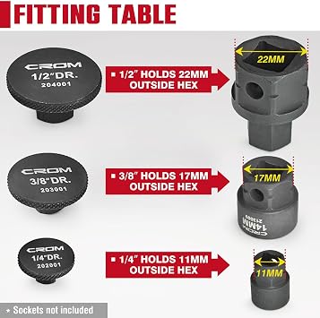 CROM Stubby Impact Socket Adapter Plugs, 3pc Set (1/4, 3/8, 1/2-inch), Converts Standard Box Wrenches to Dedicated Stubby Low-Profile Metric & SAE Impact Socket Drivers