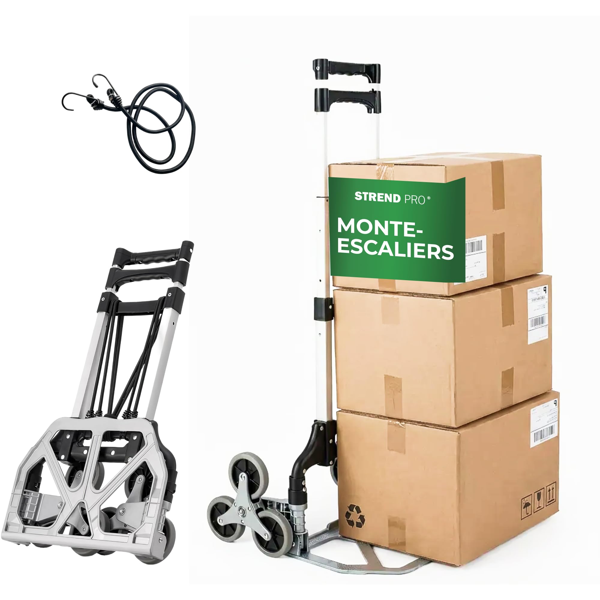 STREND PRO Diable Monte-Escalier 80kg | Diable Pliable avec Systeme A 3 Roues | Chariot Robuste pour Escaliers & Marches | Diable Reglable en Hauteur & Compact