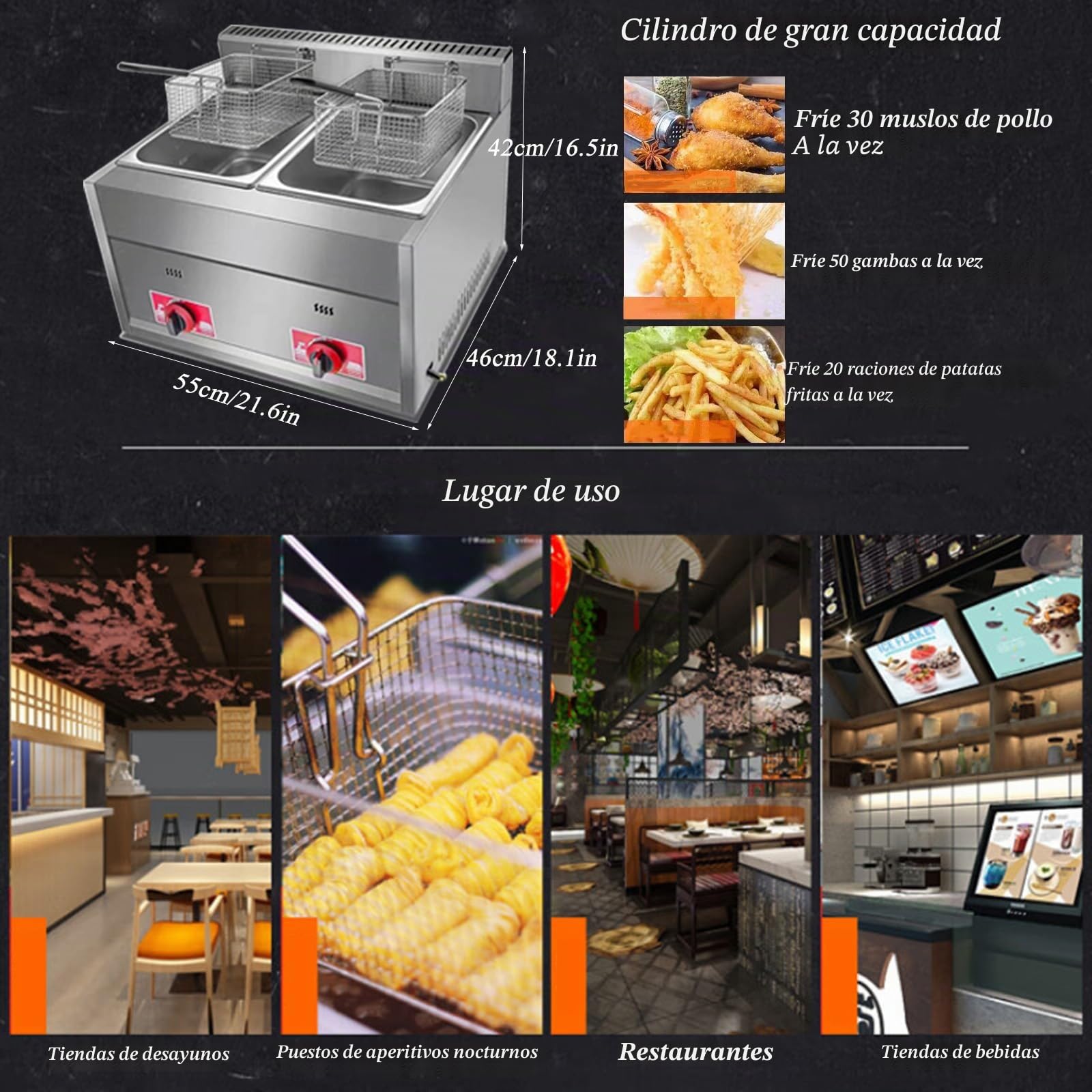 Freidora de Gas Industrial de 2x6L, Freidora de Gas profesional de acero inoxidable comercial con cuchara de cesta para Patatas Fritas Cocina Casera Restaurante
