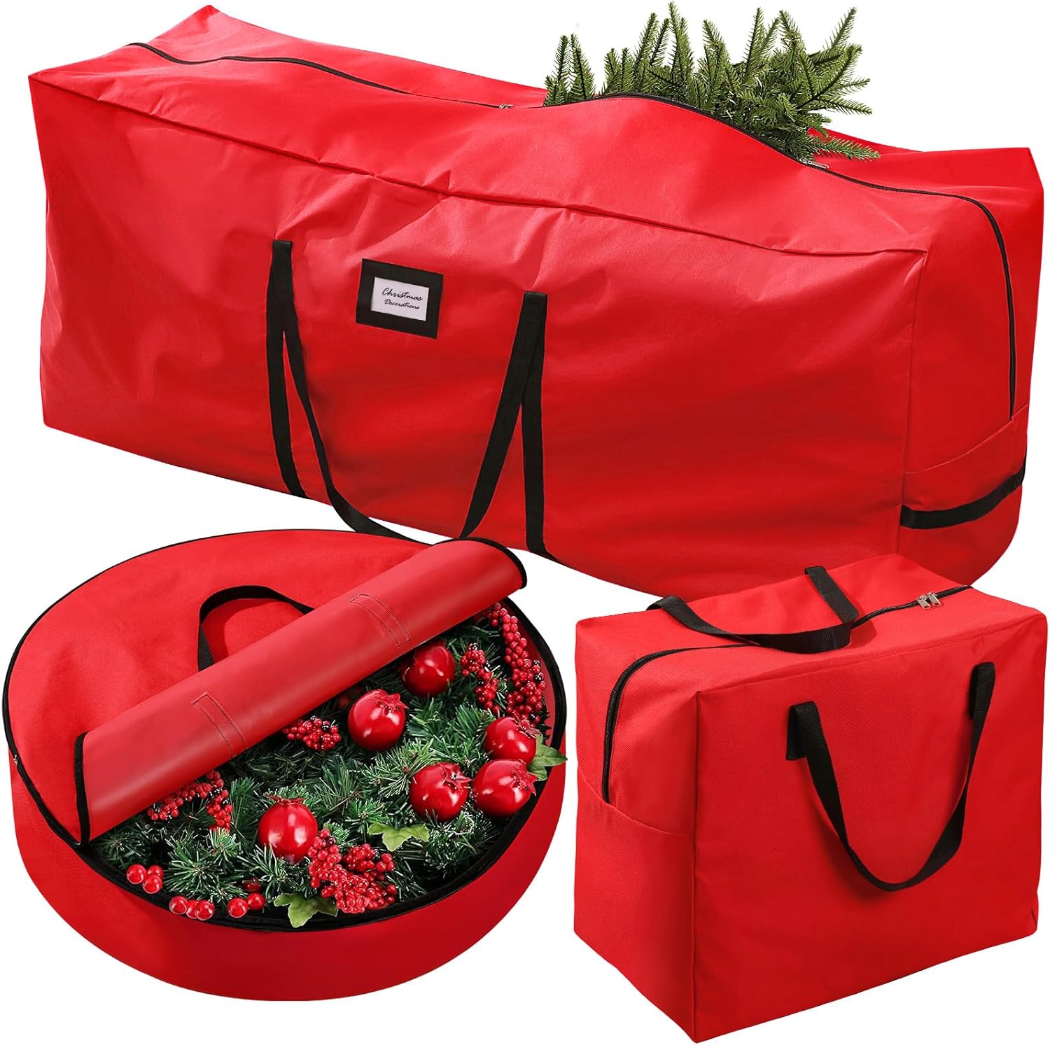 3 Pack Christmas Tree Storage Bag, for Artificial Trees up, Sturdy Waterproof With Reinforced Carrying Handles, Xmas Holiday Garland Bag Storage Case (Red, 9 Ft) 9 Ft Red