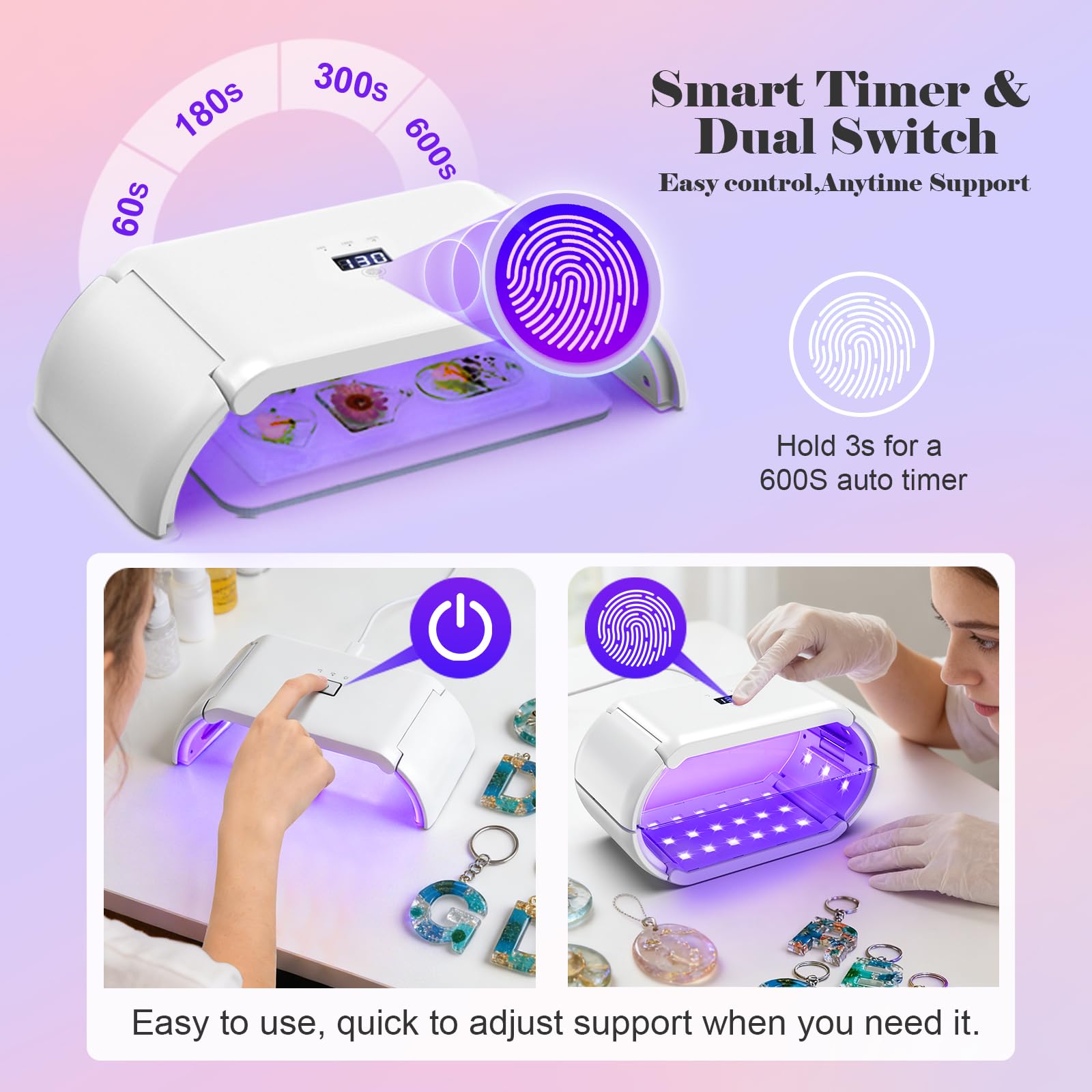 Lámpara de resina UV de 48 W con temporizador (1/3/5 minutos), 395 nm + 365 nm de longitud de onda dual y 48 LED para cobertura de 360°, luz de curado rápido para uñas, joyas y bricolaje, incluye 2