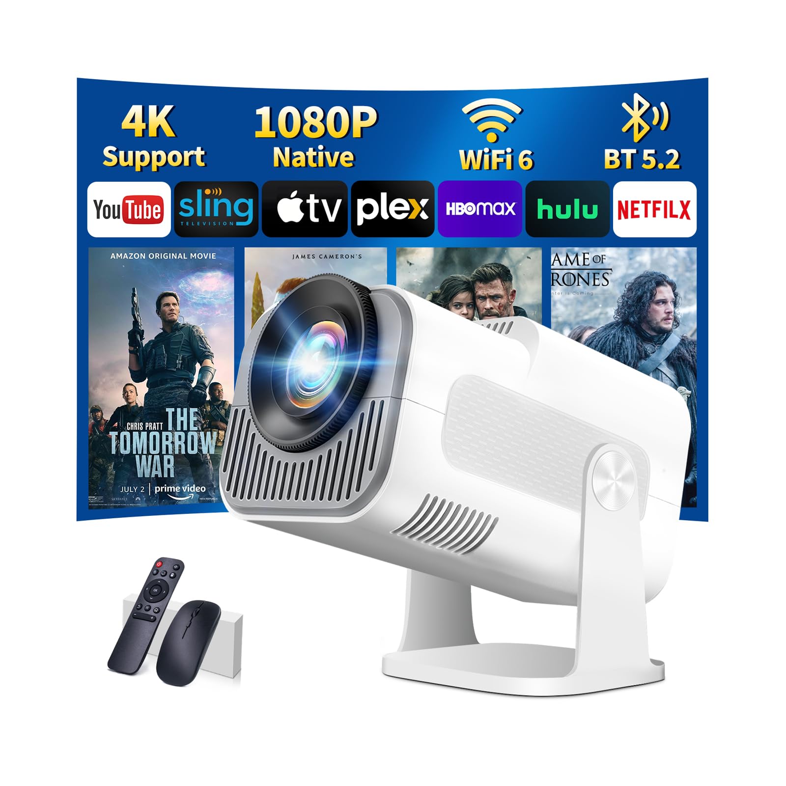 [App integrata] Proiettore Portatile 1080P 4K con WiFi 6 Bluetooth 5.2, Mini Proiettore Portatile Android Supporta Rotativo a 270°, Auto Keystone, TV Stick/USB/HDMI/PC con Cavo HDMI & Mouse, Bianco