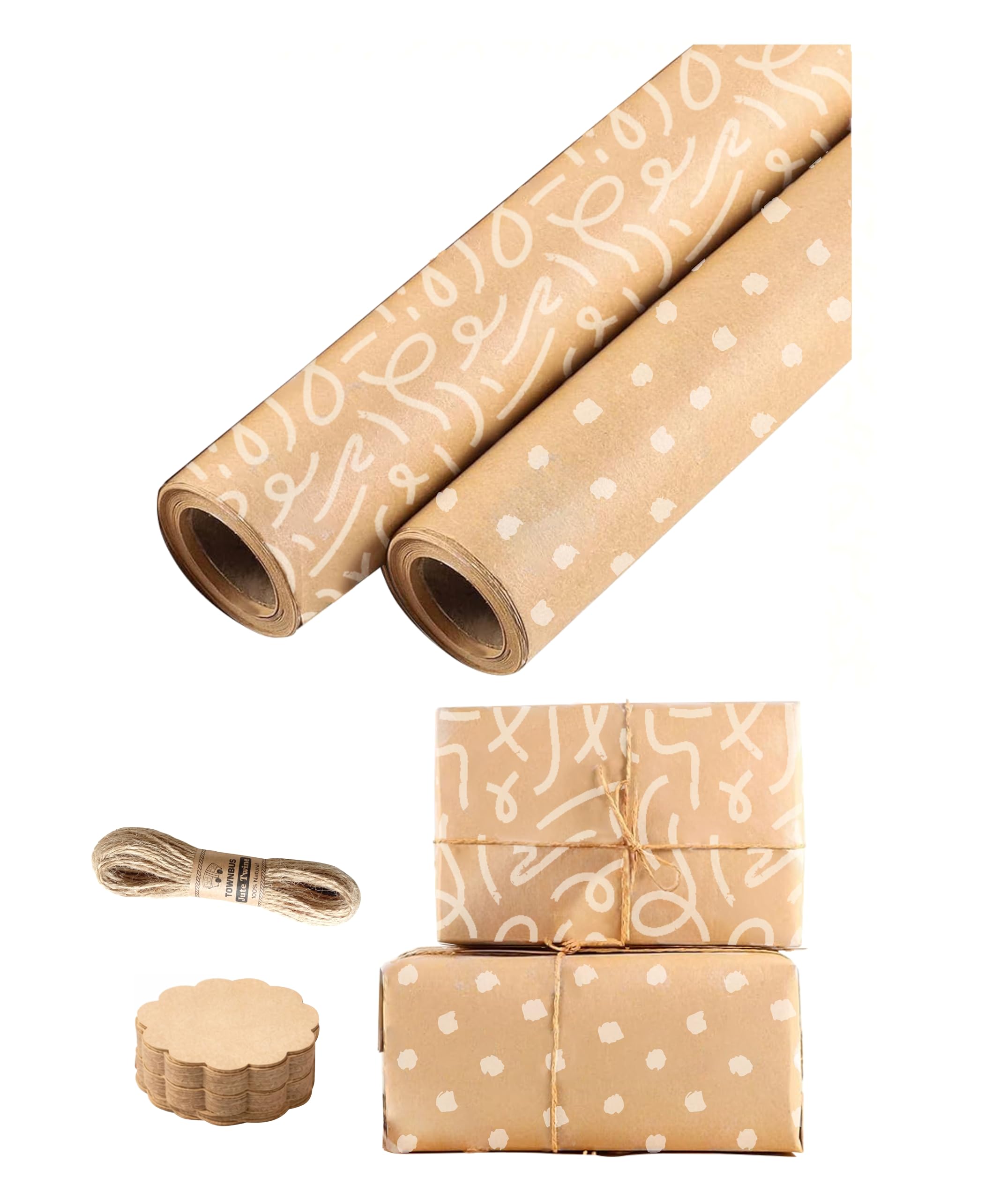 TOWNBUS Kraft Paper Gift Wrapping Pack of 10 (45cm x 60cm, 100 GSM) | White Minimal Lines & Smudge Dots Print | Includes 10 Tags & Jute Ropes | Ideal for Gift Packing, Bouquet Wrapping & DIY Crafts